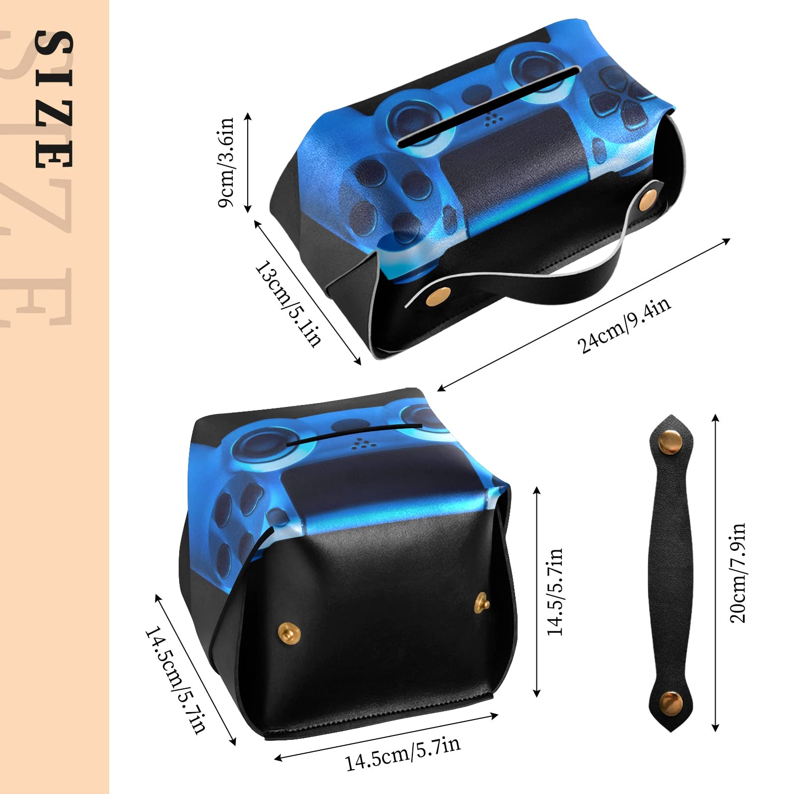 Blue Neon Light Video Game Joystick Gamepad - Leather Tissue Box Cover with Handle (9.4x5.1x3.6 in) for Bathroom, Home, Office & Car - Perfect for Gaming Setups, Nightstands & Vanity Countertops