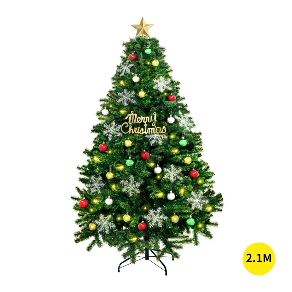 2.1M LED Christmas Tree Kit with Colorful Plastic Ball Ornaments - Holiday Home Decor for Xmas Party, Living Room & Outdoor Decorations