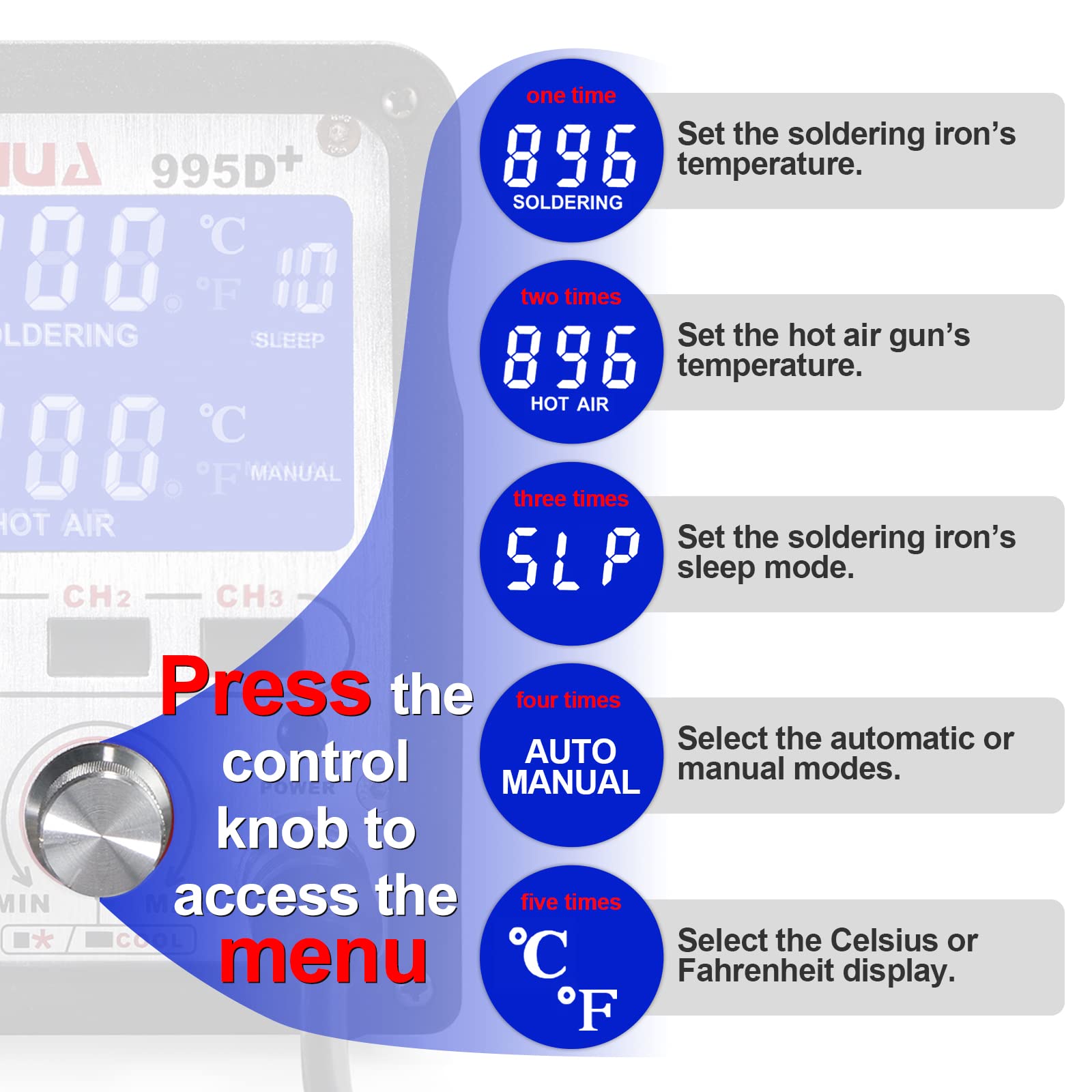 YIHUA 995D+ 2-in-1 Hot Air Rework Station & Soldering Iron Kit with 3 Memory Presets, Large LCD Display, Cool/Hot Air Switch, Sleep Mode, °F/°C Conversion - Perfect for Electronics Repair, PCB Rework, and DIY Soldering Projects