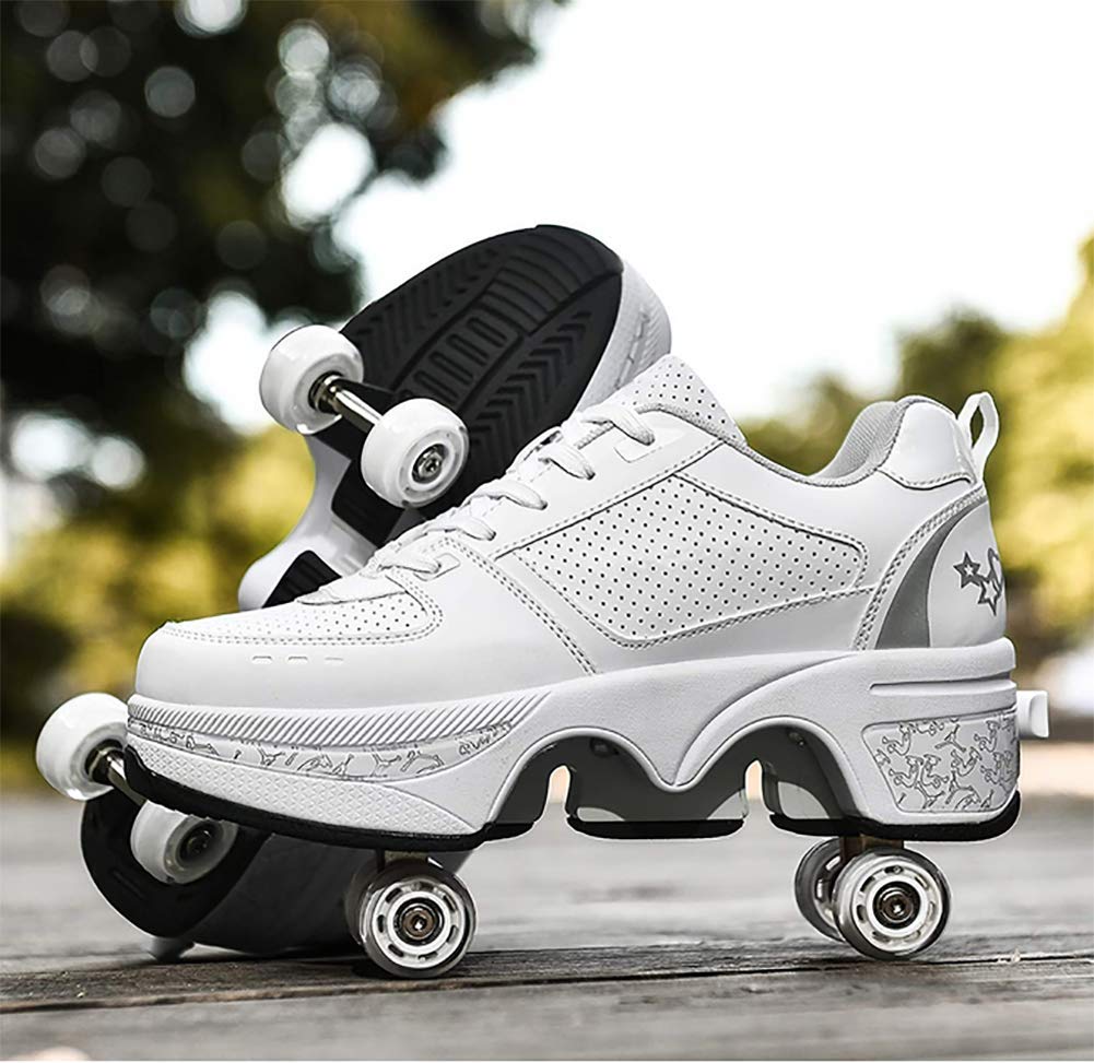 Double Deform Wheel Automatic Walking & Skating Shoes for Men, Women & Kids - 2 in 1 Removable Pulley Roller Shoes for Indoor/Outdoor Use - Perfect for Commuting, Fitness & Fun Activities