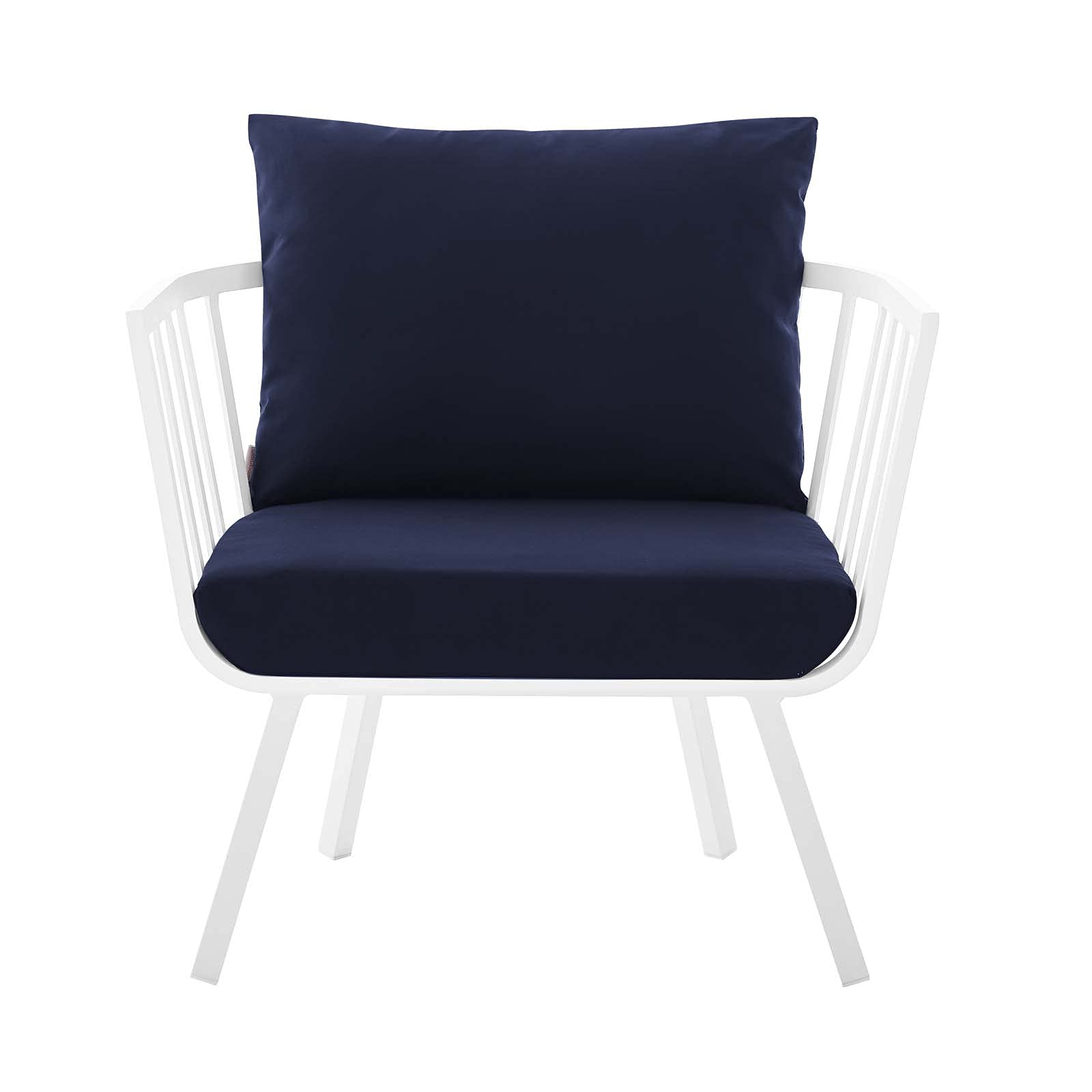 Modern Outdoor Lounge Chair Armchair Set of 2 - Aluminum Metal Frame with White Blue Navy Cushions - Perfect for Patio, Cafe, Bistro & Backyard Relaxation