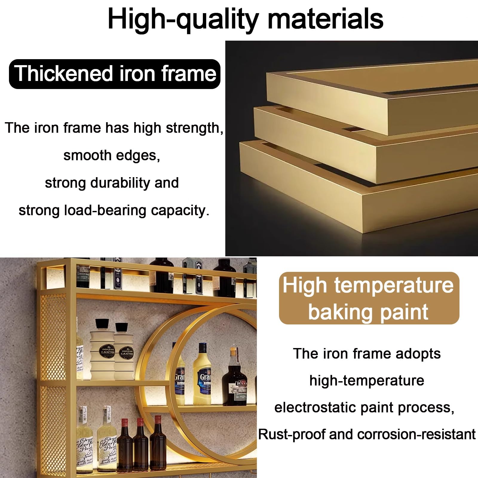 Modern Metal Wall Mounted Wine Rack with LED Lights - Floating Bar Shelf for Liquor Storage & Display - Iron Wine Holder with Glass Rack - Perfect for Kitchen, Living Room, Home Bar & Cafe Decor
