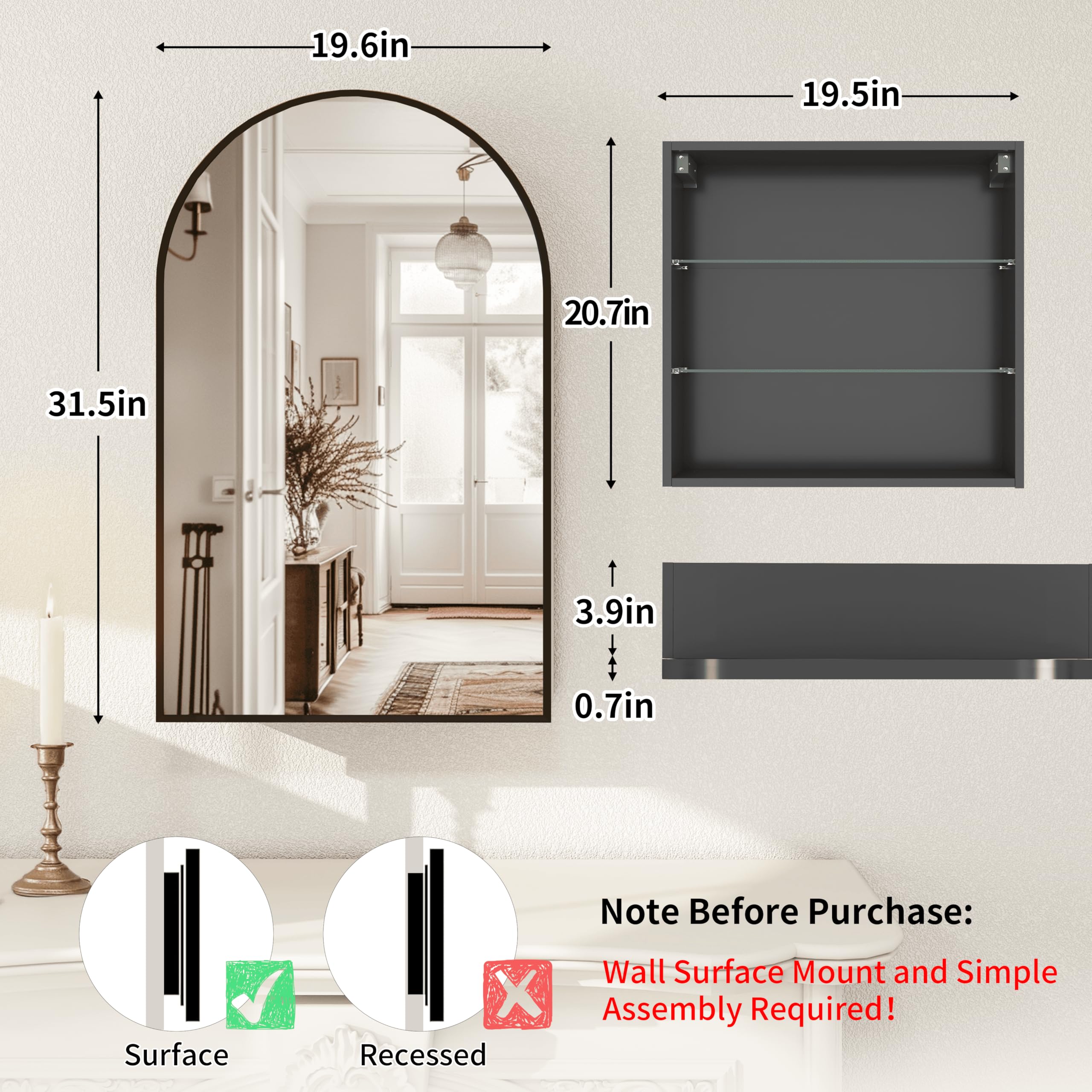Black Arched Wall Mounted Medicine Cabinet with Mirror - 20x32 Inch Modern Vanity Storage Cabinet with Adjustable Shelves (Not Recessed) - Perfect for Bathrooms, Bedrooms & Powder Rooms