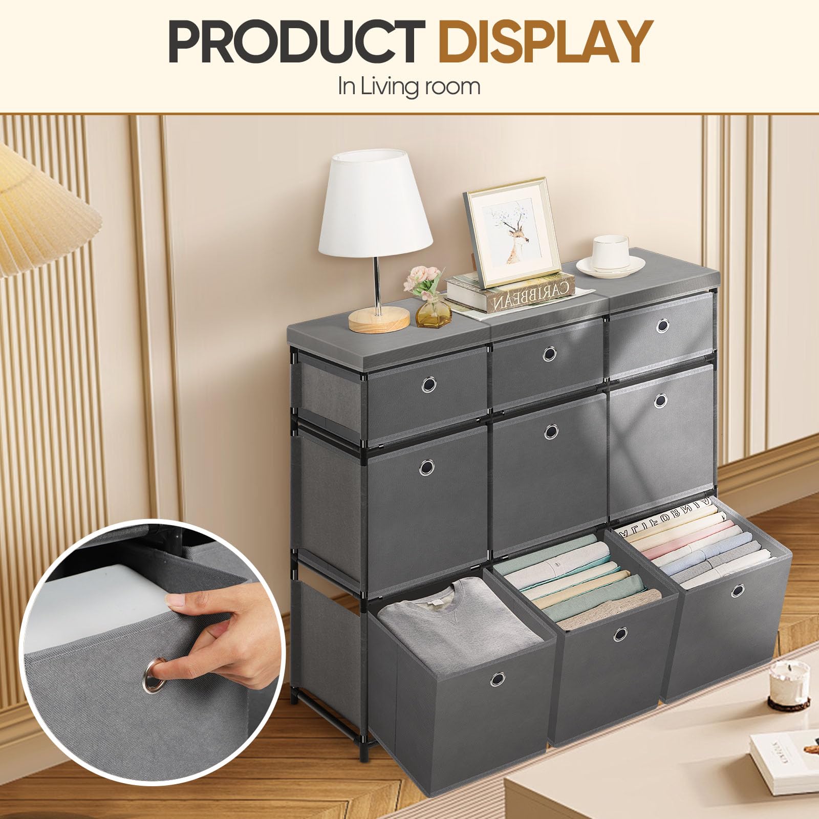 HAITRAL 9-Cube Fabric Storage Organizer for Closet & Bedroom - Grey