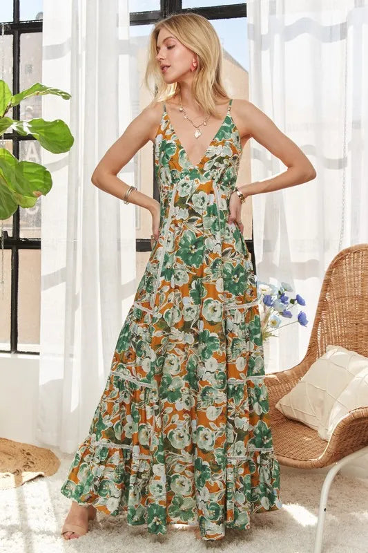 Floral Print Drawstring Waist Maxi Dress for Women - Summer Beach Wedding Party & Vacation Outfit