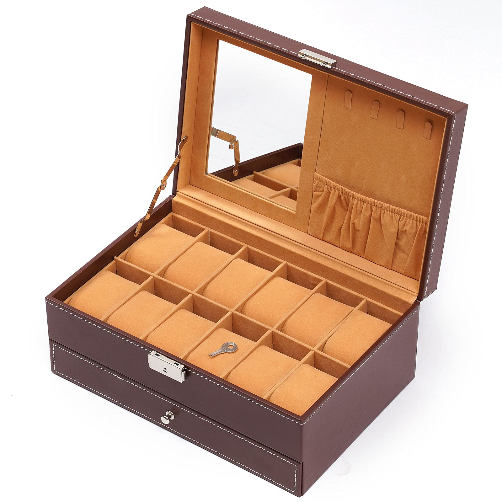 Premium 12-Slot Dark Red Leather Watch Box Organizer with Mirror & Metal Buckle - Double Tier Jewelry Storage Case with Soft Velvet Lining - Perfect for Watch Collectors & Luxury Gift Giving