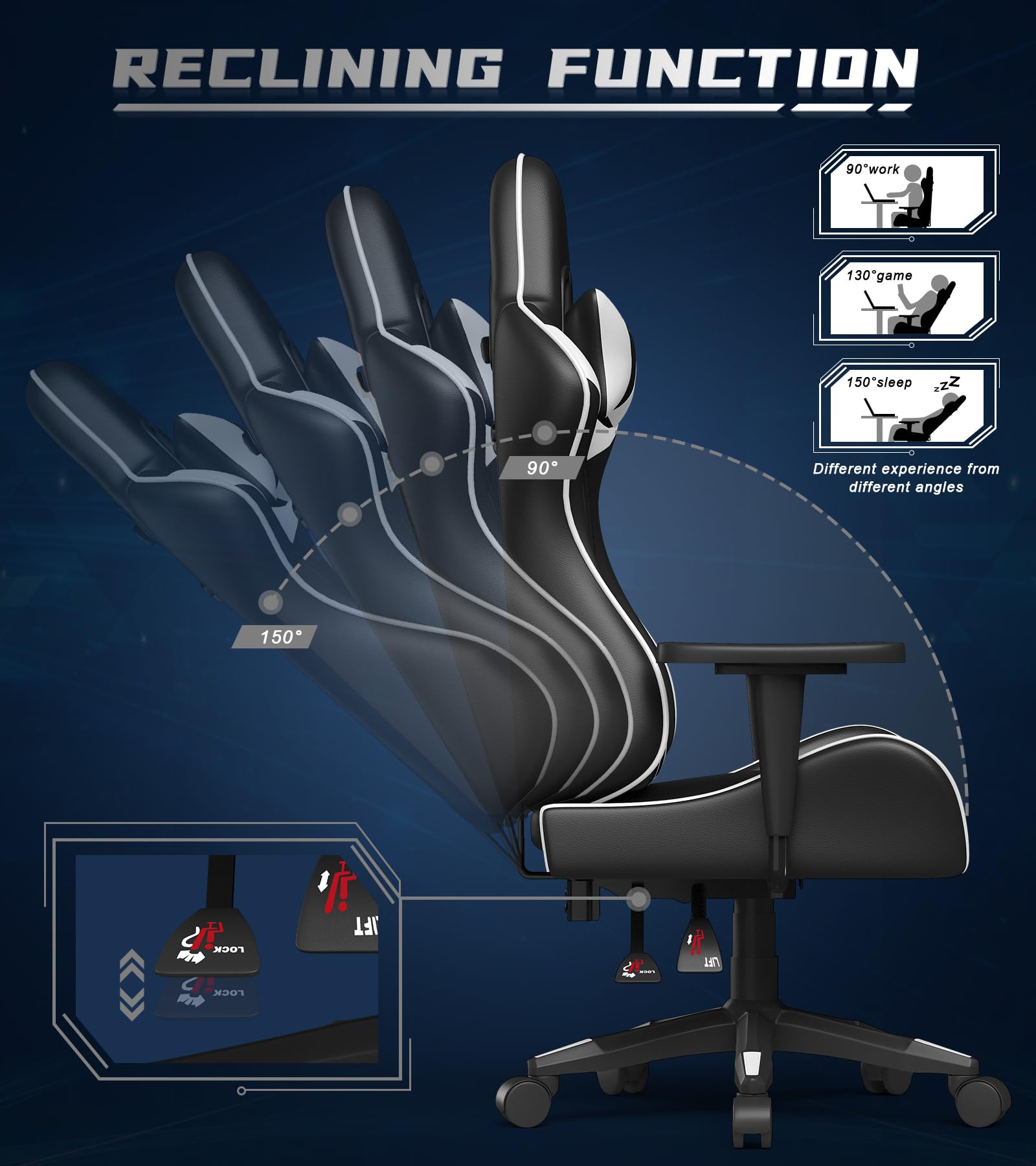 Bigzzia Ergonomic Gaming Chair - Adjustable Height Swivel Office Desk Chair with Lumbar & Headrest Support, Racing Style PU Leather Computer Chair for Video Gamers (Black/White) - Perfect for Esports, Streaming & Home Office Workspace