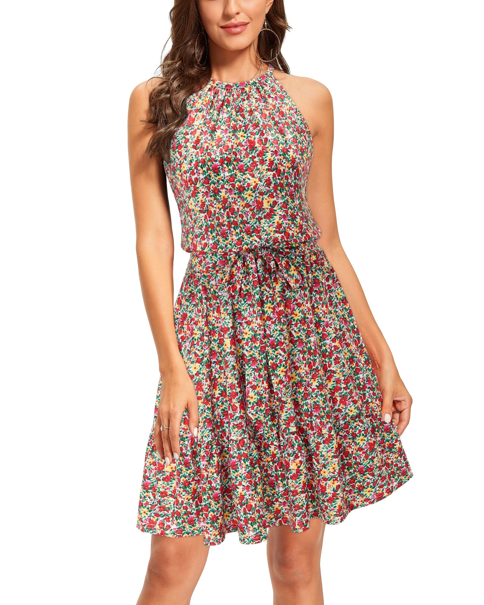 Newshows Women's 2025 Summer Halter Sundress with Pockets - Casual Beach Dress, Vacation Wedding Guest Outfit, Belted Flowy Dress for Pool Party, Brunch & Outdoor Events