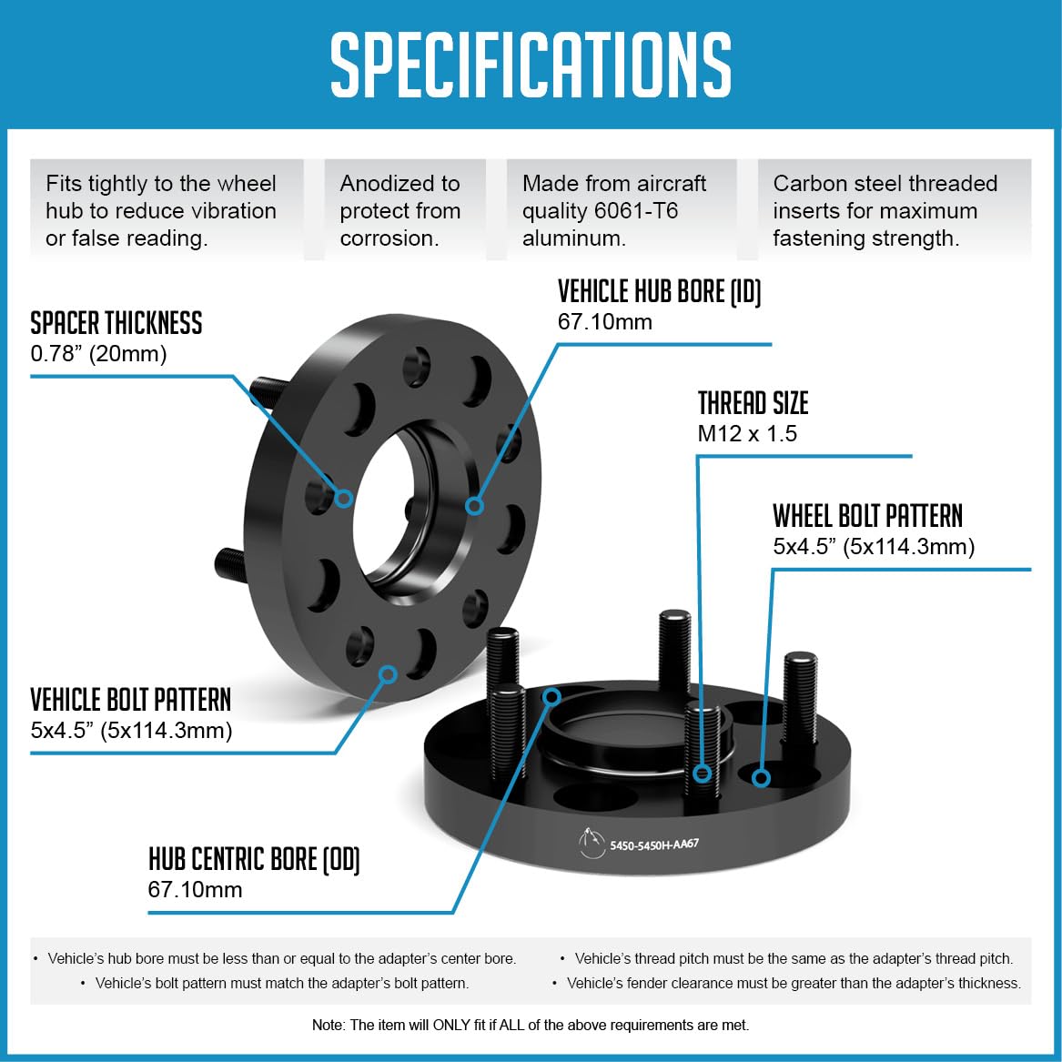4 Pcs 20mm Hub Centric Wheel Spacers 5x4.5/5x114.3 Bolt Pattern with M12x1.5 Studs - Compatible with Hyundai, KIA, Mazda, Mitsubishi, Jeep Compass & Patriot - Perfect for Enhanced Stance & Tire Clearance