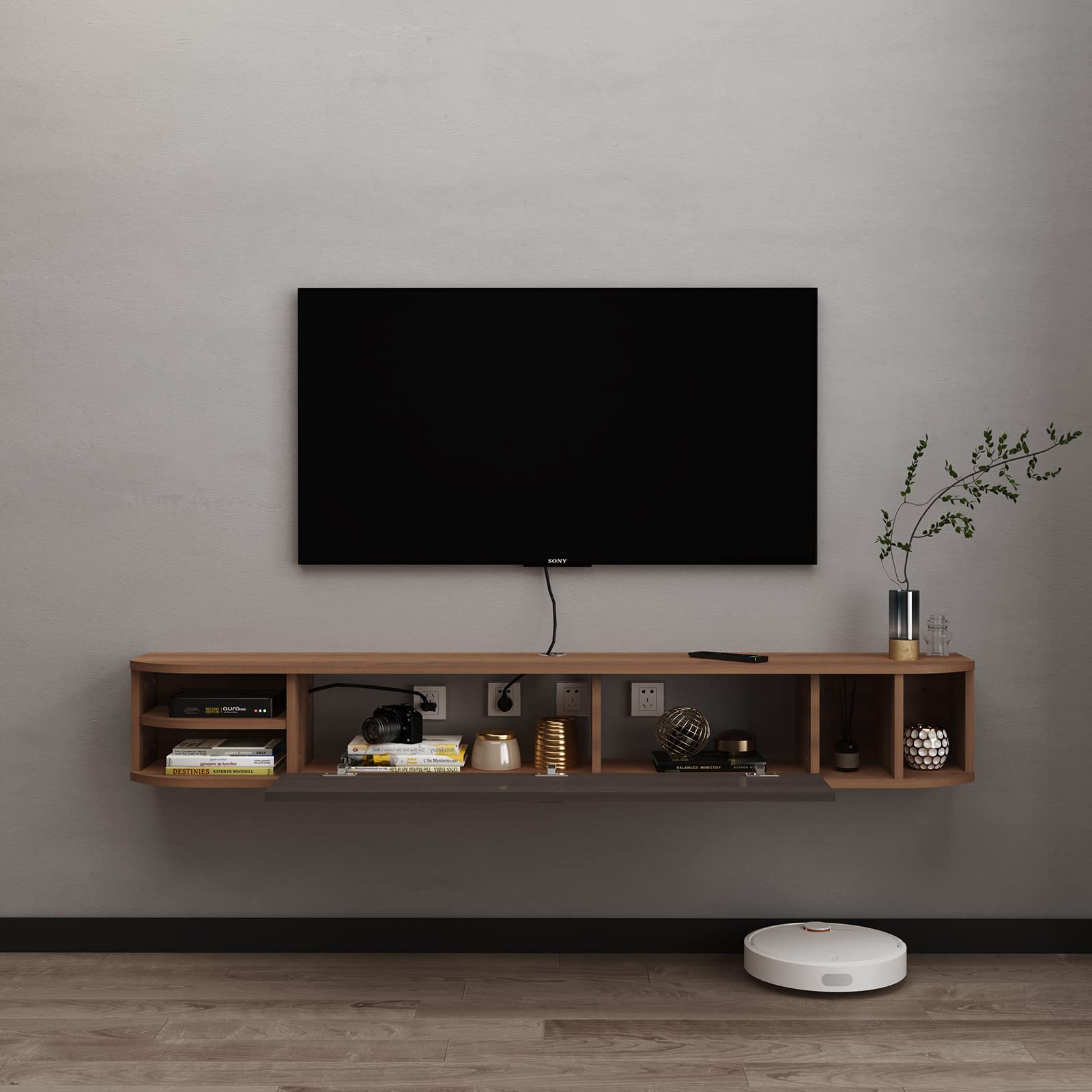 Modern TV Stand with Storage Shelves - 47 Inch Wall Mounted TV Console for Living Room & Bedroom - Walnut Finish - Perfect for Organizing Media Devices & Home Decor
