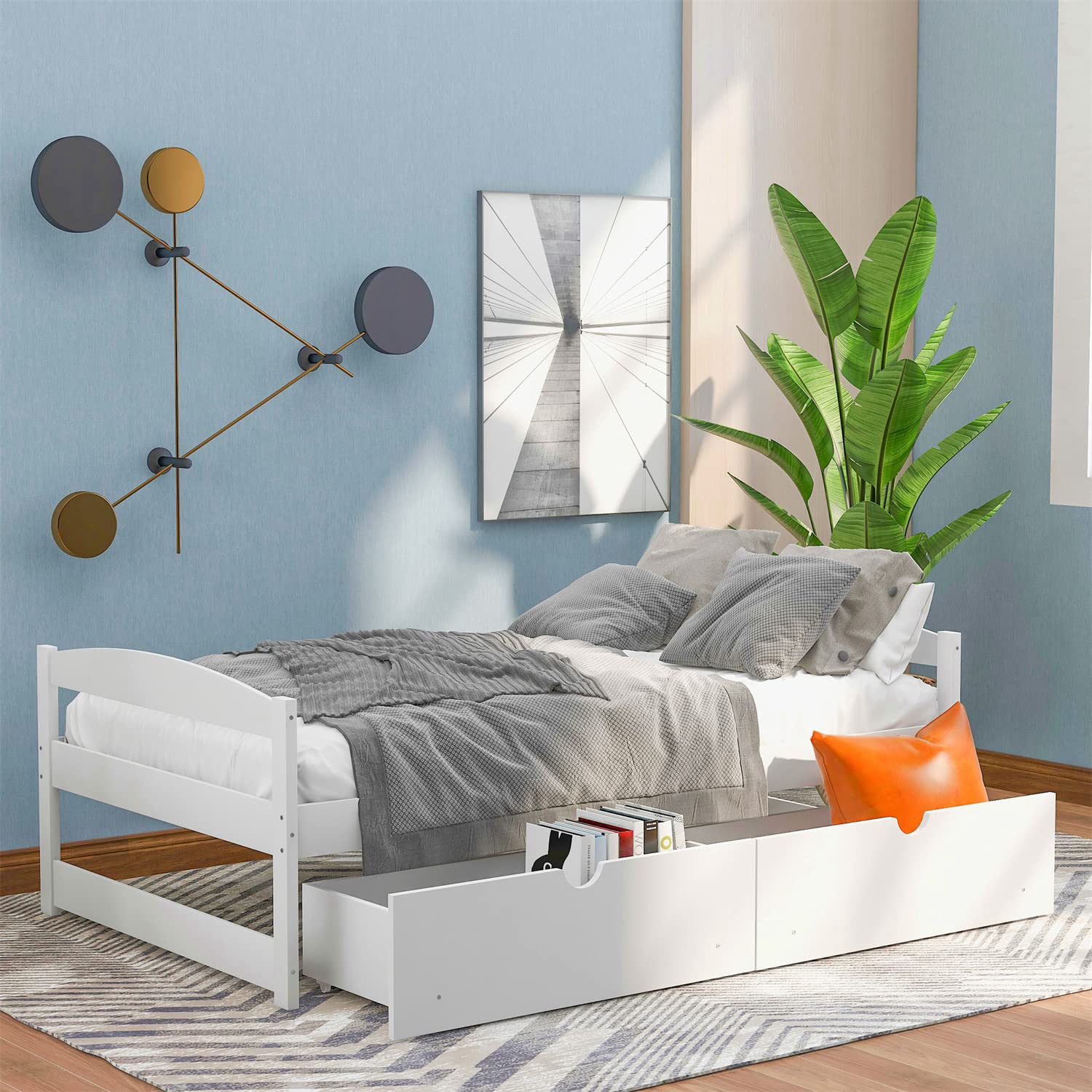 White Twin Size Platform Bed Frame with 2 Storage Drawers - Modern Minimalist Bedroom Furniture for Small Spaces & Guest Rooms