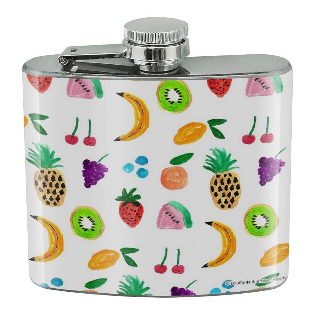 5oz Stainless Steel Hip Flask with Tiny Fruits Design - Bananas, Cherries, Grapes, Kiwi & Pineapples - Perfect for Outdoor Adventures, Parties & Travel