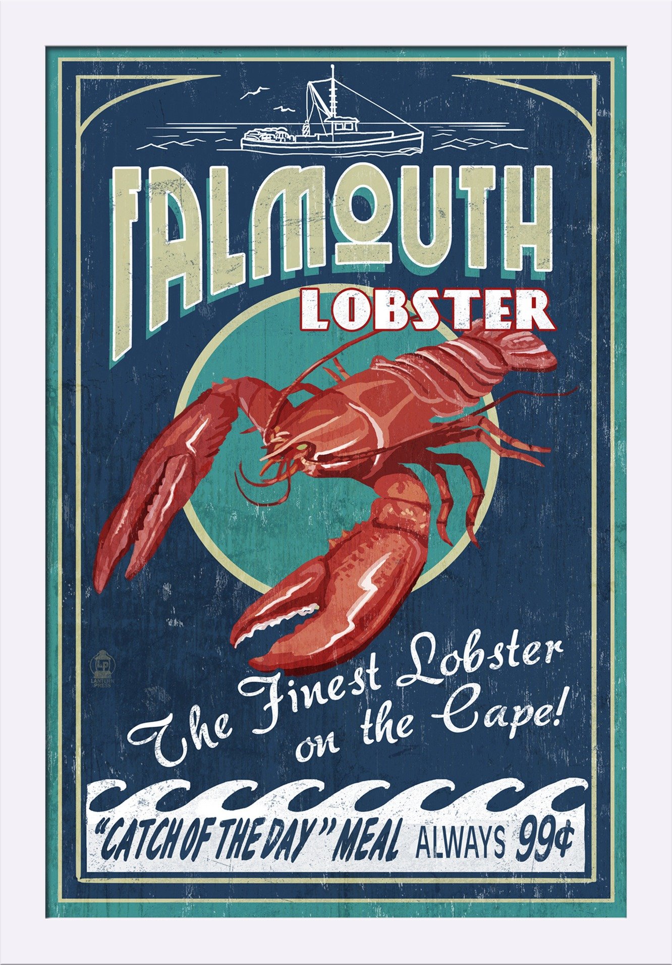 Vintage Lobster Sign Art Print - 16x24 Giclee Fine Art, Recycled Wood Frame, White - Falmouth Cape Cod Coastal Decor for Kitchen, Beach House or Seafood Restaurant Wall Art