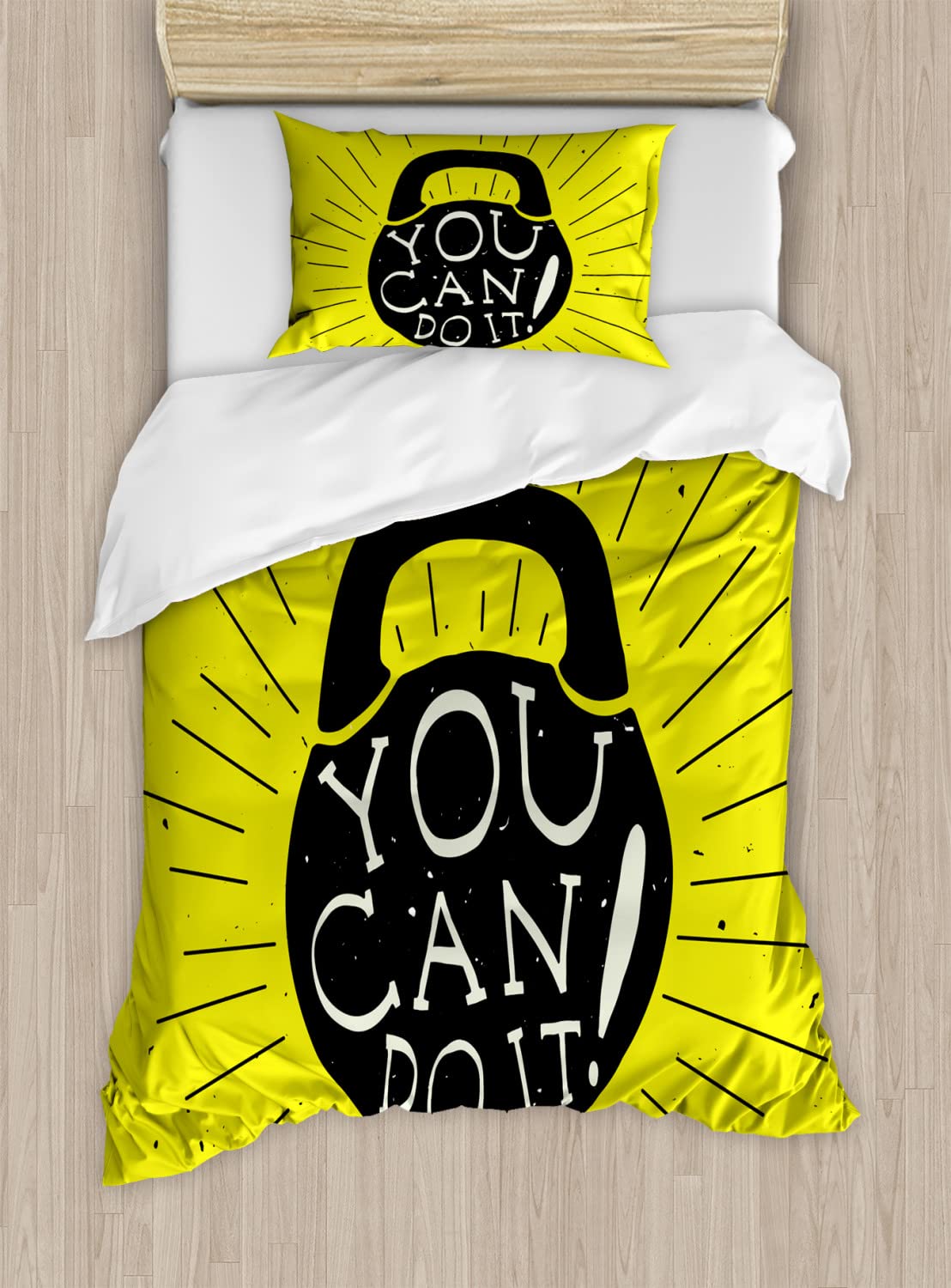 Ambesonne Fitness Duvet Cover Set - Weight Kettlebell Design with Motivational 'You Can Do It' Message - 2 Twin Size Duvet Covers & 2 Pillowcases - Yellow Black Cream - Perfect for Gym Enthusiasts & Home Workout Spaces