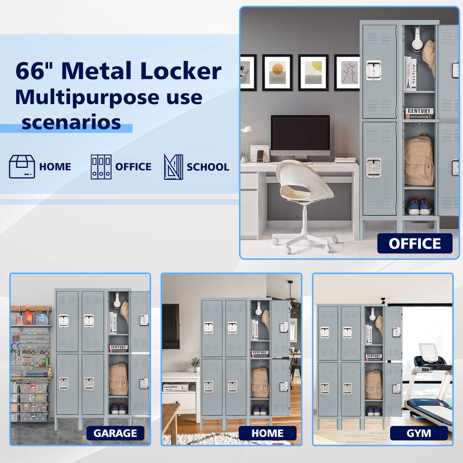 Letaya 4-Tier Metal Storage Cabinet with Locking Doors & Hooks - Secure Storage Locker for Gym, Office, Home, School - Perfect for Employee Lockers, Sports Equipment & Home Organization (2-Door, Gray)