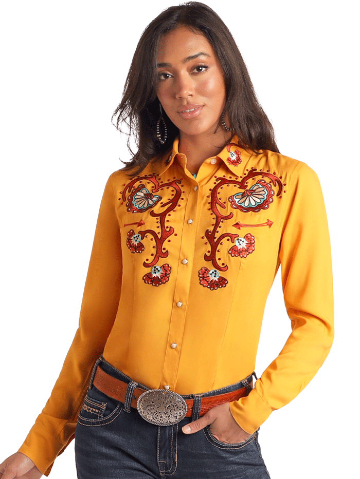 Women's Embroidered Retro Snap Shirt in Mustard Gold - Panhandle LWN2S05818 Vintage Style Button Up Top for Casual Outings & Western Fashion