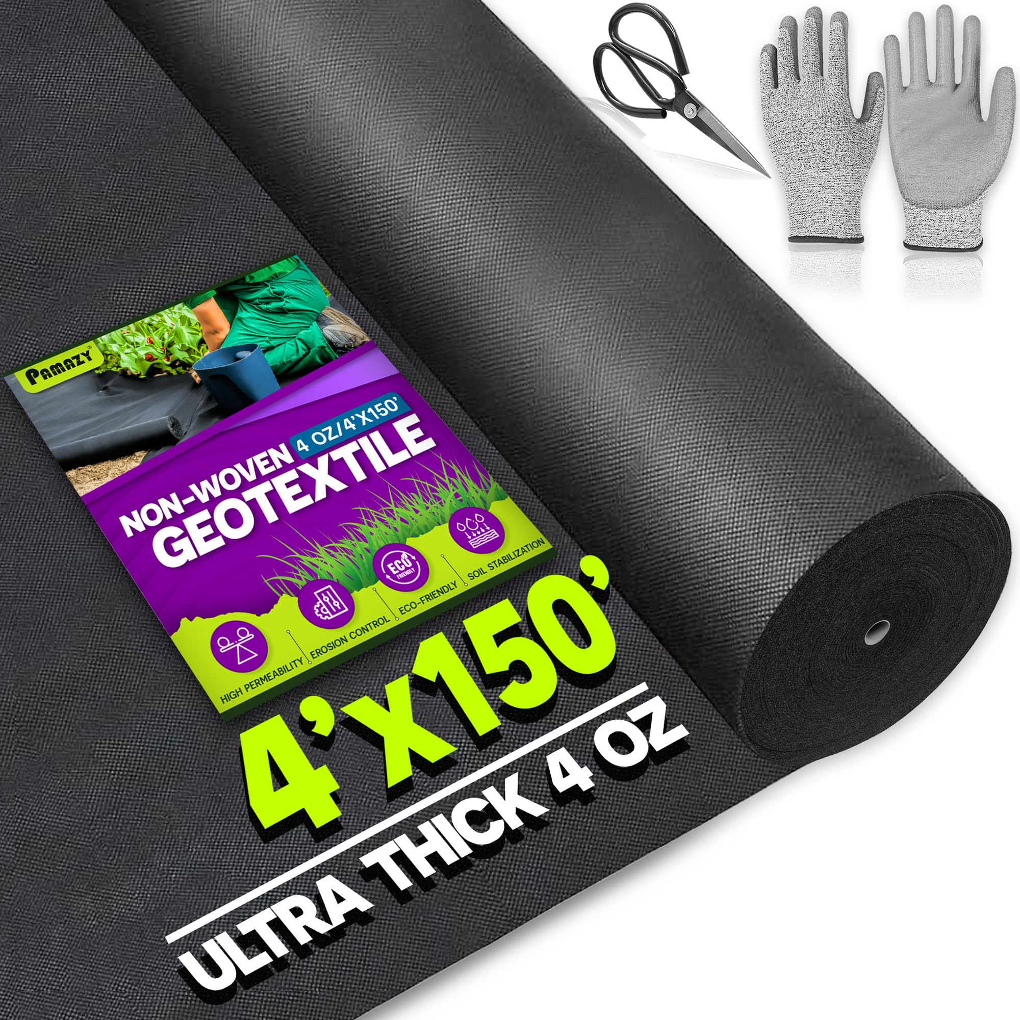 Premium 4oz 4FTx150FT Non-Woven Geotextile Fabric with Free Gloves & Scissors - Heavy Duty Landscape Fabric for French Drain, Driveway, Weed Barrier, Construction Underlayment - Perfect for Landscaping, Drainage Projects & Erosion Control