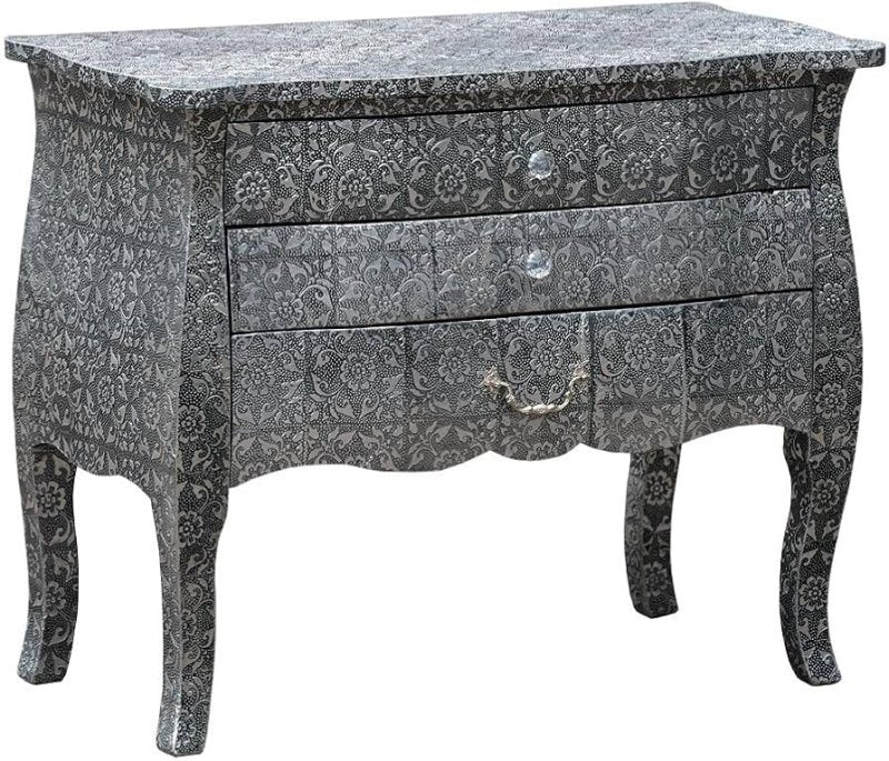 Hand Embossed Blackened Silver 3-Drawer Metal Dresser - Vintage Style Storage for Bedroom, Living Room & Office Organization