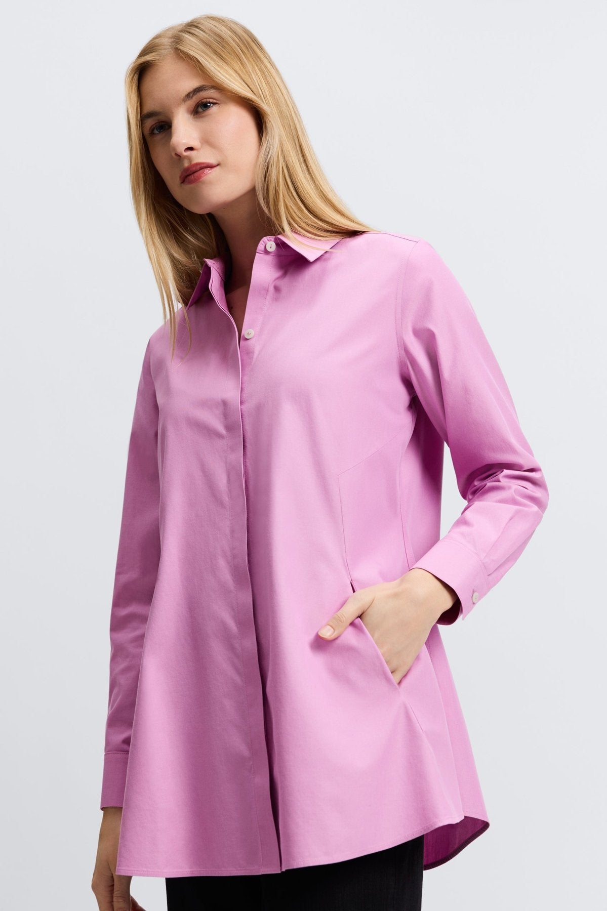 No Iron Pinpoint Long Sleeve Tunic for Women - Wrinkle-Free Office Blouse, Comfortable Business Casual Top for Work & Professional Wear