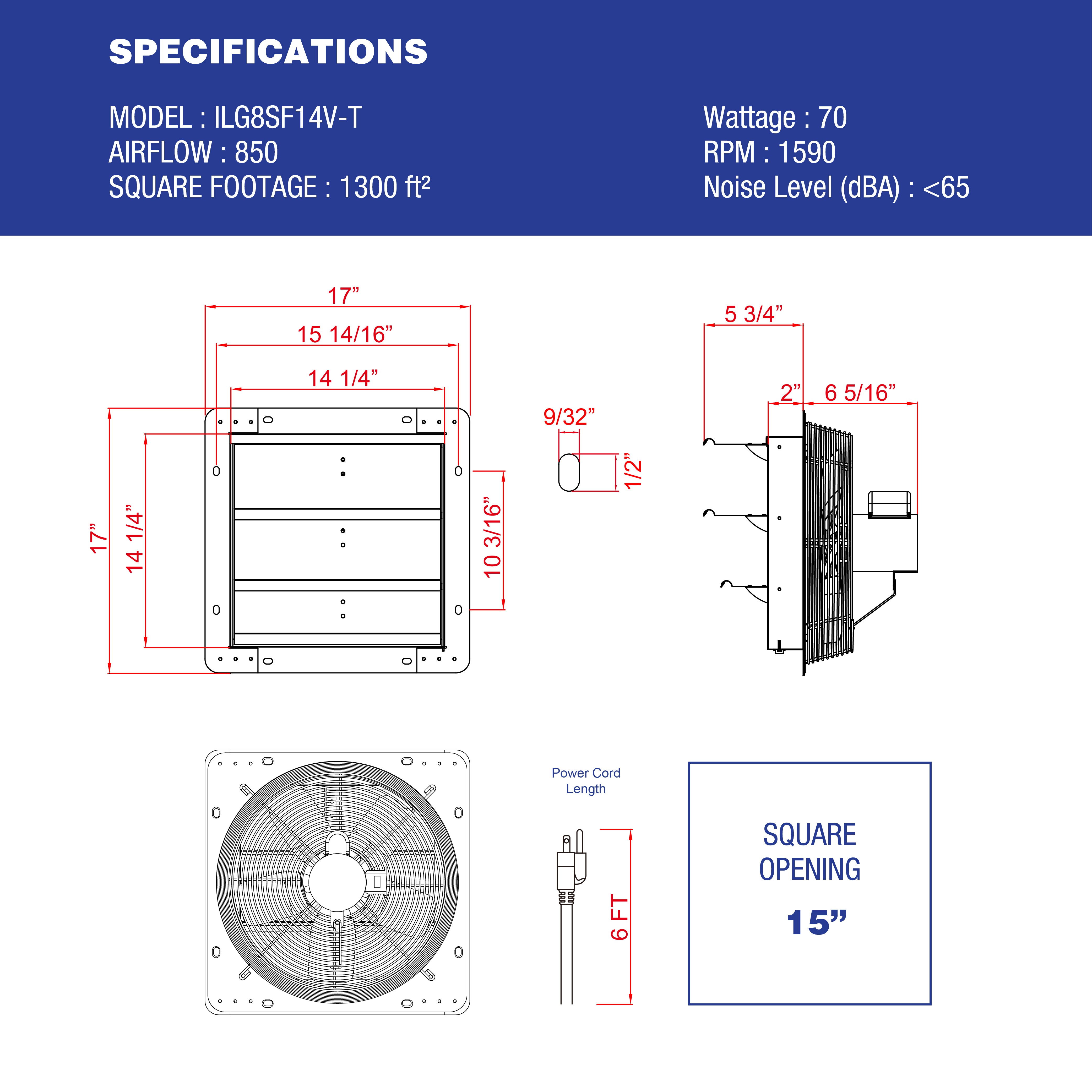 iLiving 14 Inch Shutter Exhaust Fan - 3 Speed Adjustable Attic Ventilation Fan with Thermostat & 6ft Power Cord - Perfect for Garage, Grow Room & Home Ventilation