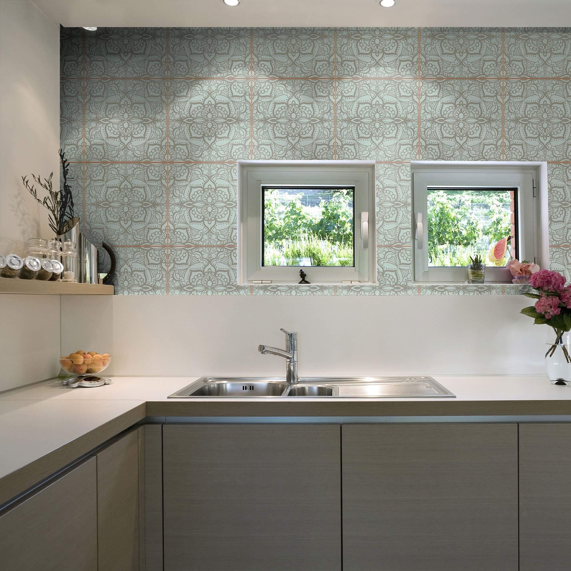 Green and Grey Damask Tile Adhesive Peel and Stick Removable Wallpaper - Self-Adhesive Wallpaper for Kitchen Backsplash, Bathroom, and Home Decor