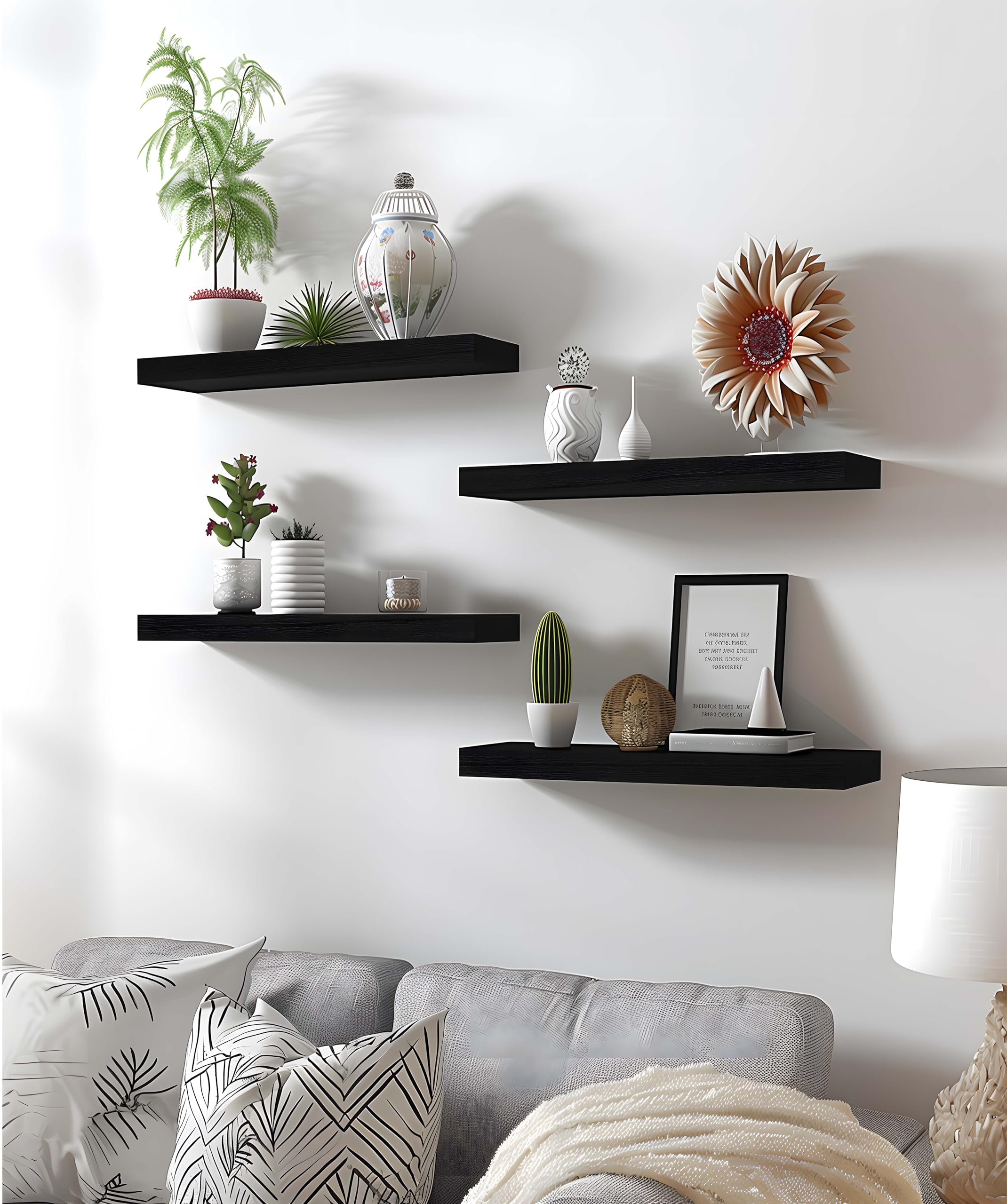 Black Wood Floating Shelves Set of 6 - Modern Wall Mounted Shelves for Bedroom, Living Room, Kitchen & Office - Rustic Wooden Wall Shelves for Home Decor & Storage