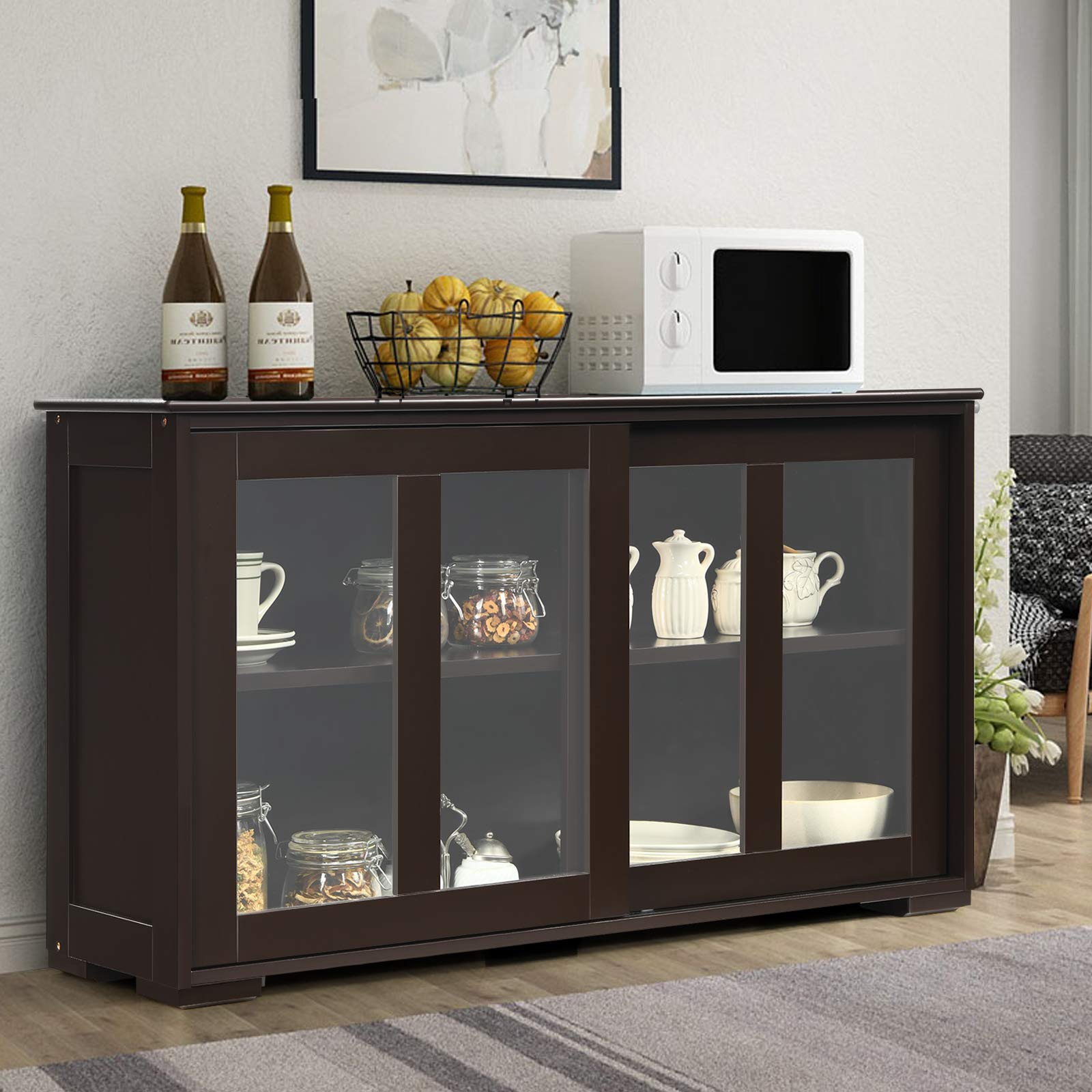 Costzon Wooden Sideboard Buffet Cabinet with Adjustable Shelf & Sliding Glass Doors - Kitchen Storage Cabinet, Coffee Bar Console Table for Living Room, Dining Room, Hallway - Perfect for Home Decor & Entertaining Guests