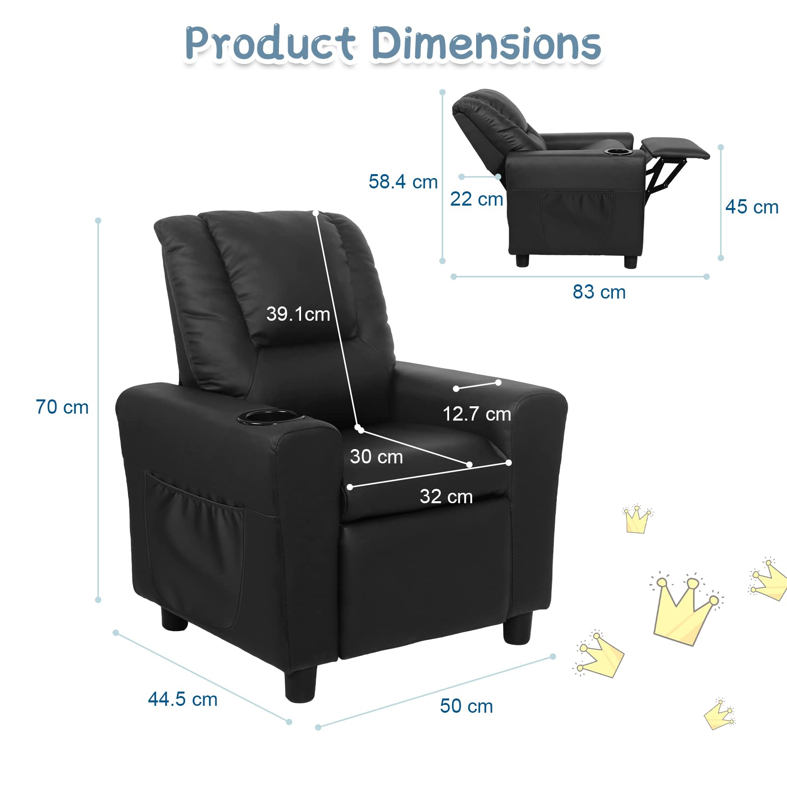 **Kids Recliner Chair with Cup Holder & Side Pockets - Toddler Recliner for Boys & Girls Ages 0-5, Non-Slip Footstool Included - Perfect for Playrooms, Bedrooms & Movie Nights (Black)**