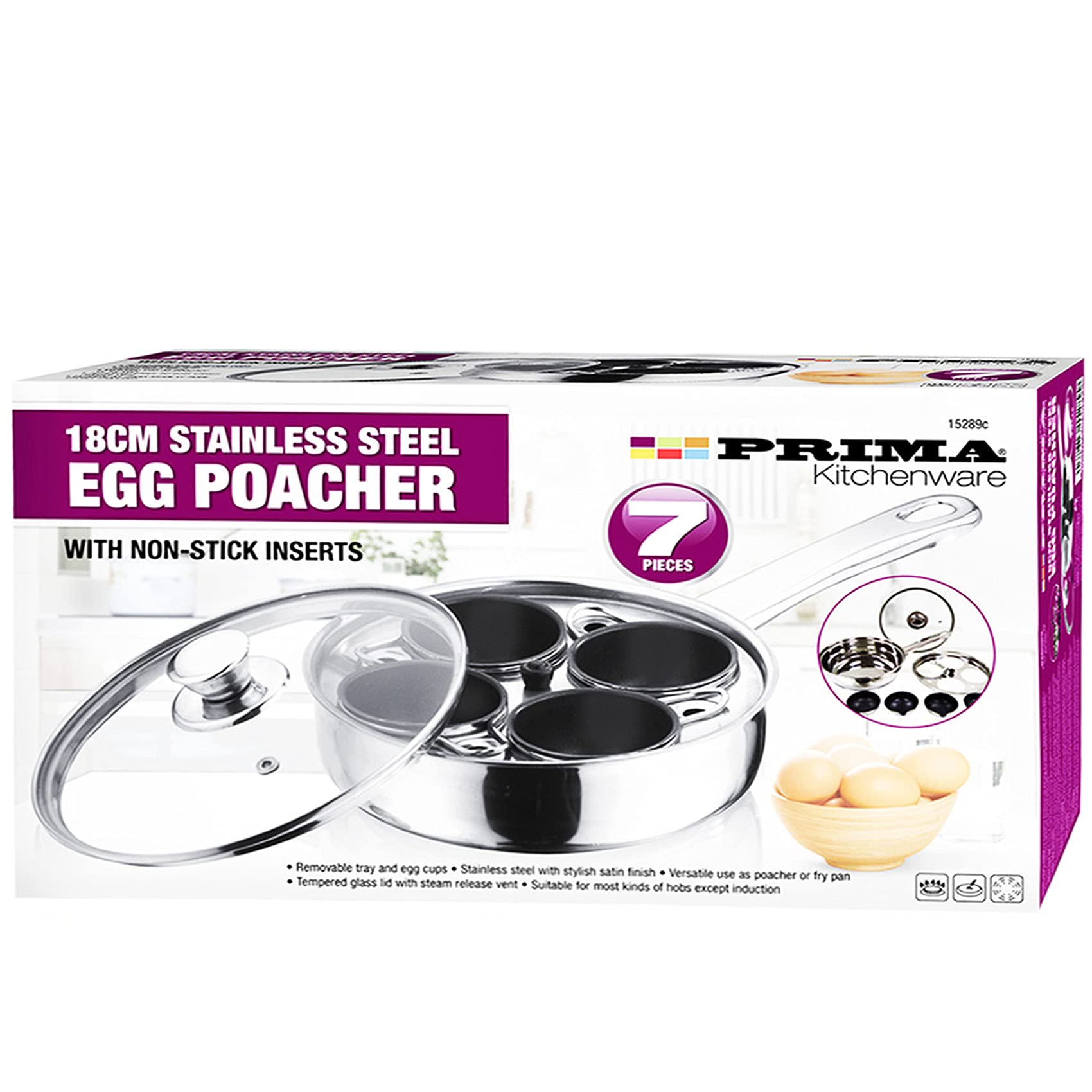 7-Piece PRIMA 18cm Stainless Steel Egg Poacher Set with Glass Lid - Non-Stick Inserts, 4-Hole Boiler, Saucepan & Frying Pan for Perfect Poached Eggs - Ideal for Breakfast, Brunch & Healthy Cooking at Home