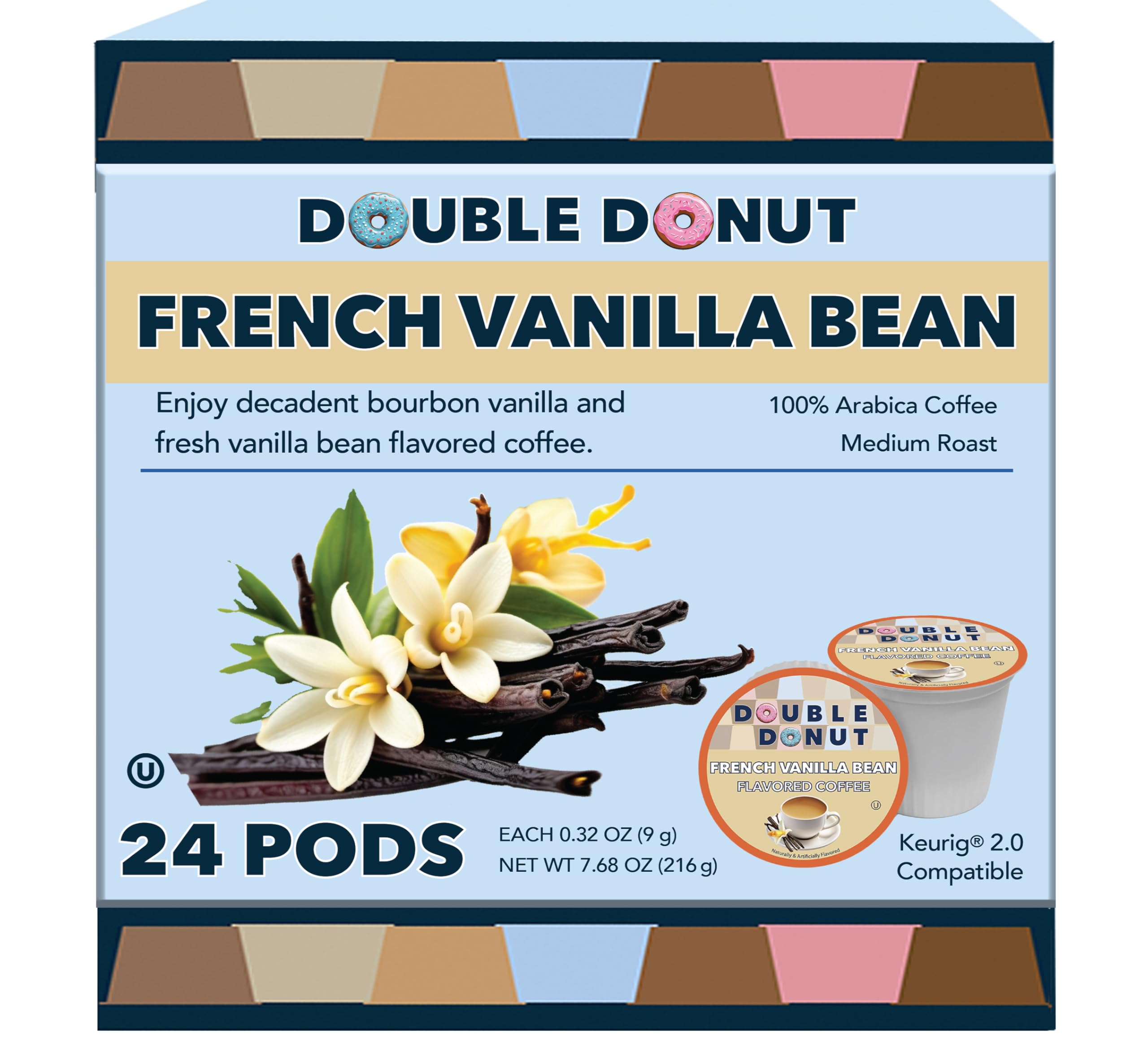 Double Donut French Vanilla Coffee Pods - 24 K-Cups for Keurig, Vanilla Bean Flavored & Recyclable - Perfect for Home & Office Brewing