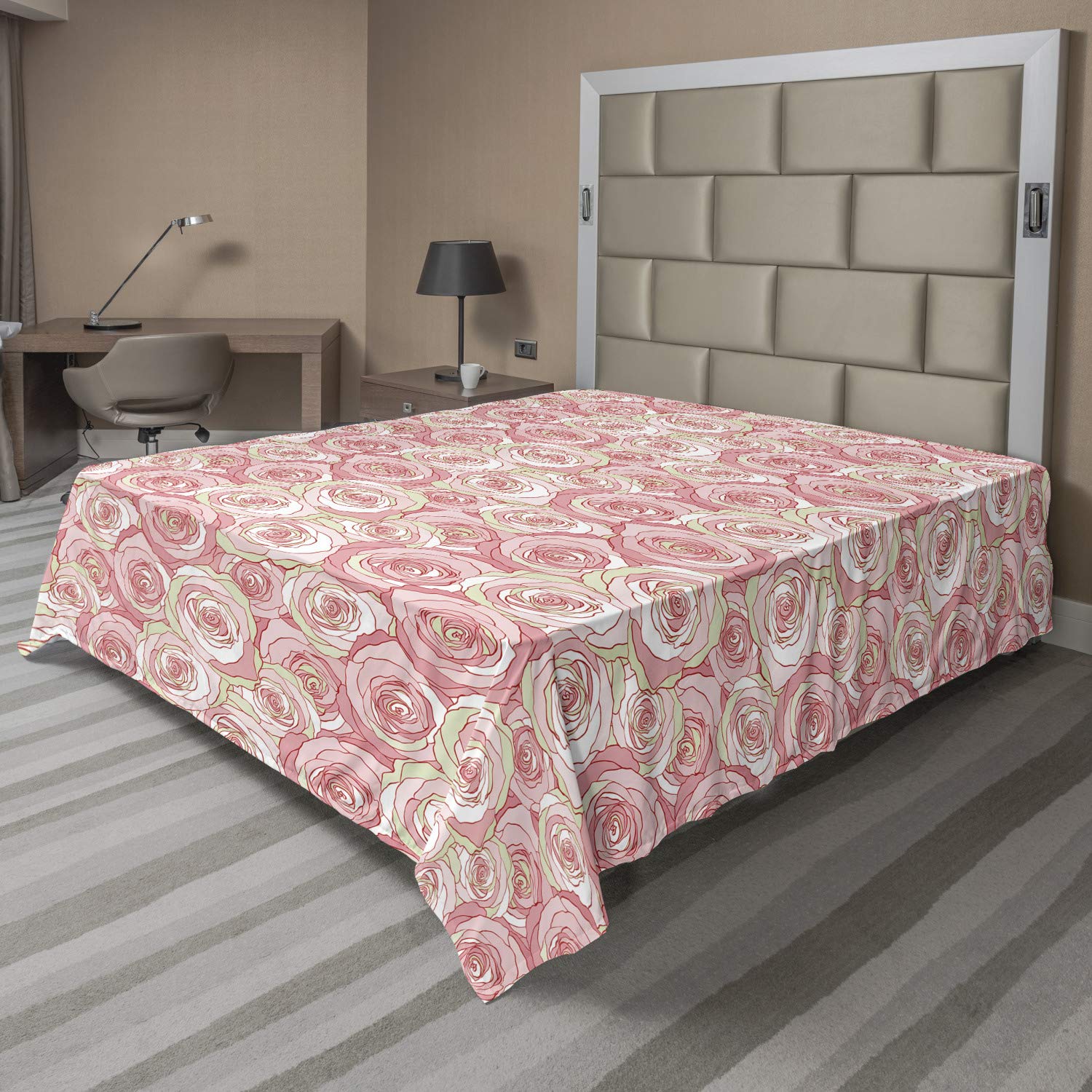 Ambesonne Floral Flat Sheet - California King Size, Soft Comfortable Top Sheet with Modern Rose Flowers Design, Decorative Bedding for Home & Hotel Use - Coconut Rose Blush Color | Perfect for Master Bedrooms, Guest Rooms & Vacation Rentals