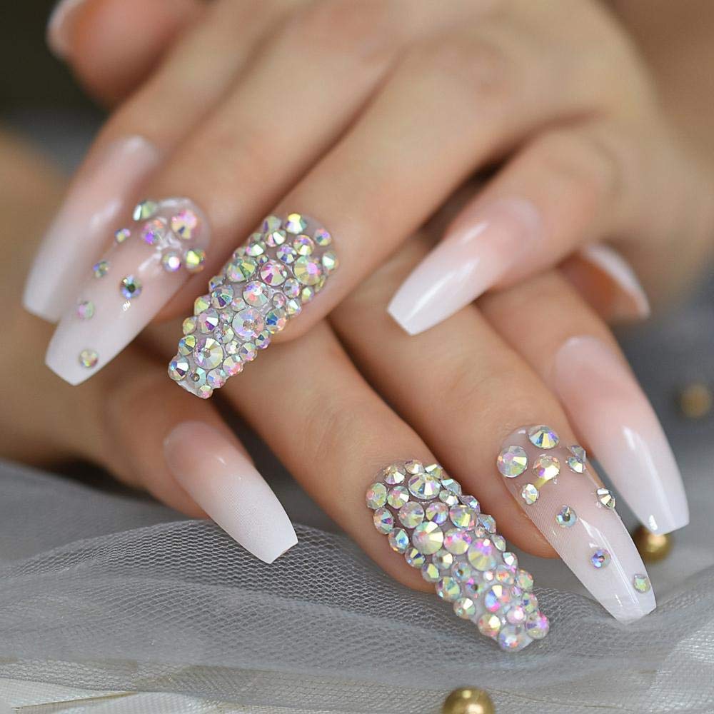3D Stone Rhinestone Gradient Pink French Press-On Fake Nails - Extra Long Coffin Shape False Nails for Women, Natural Look for Parties, Weddings & Special Occasions