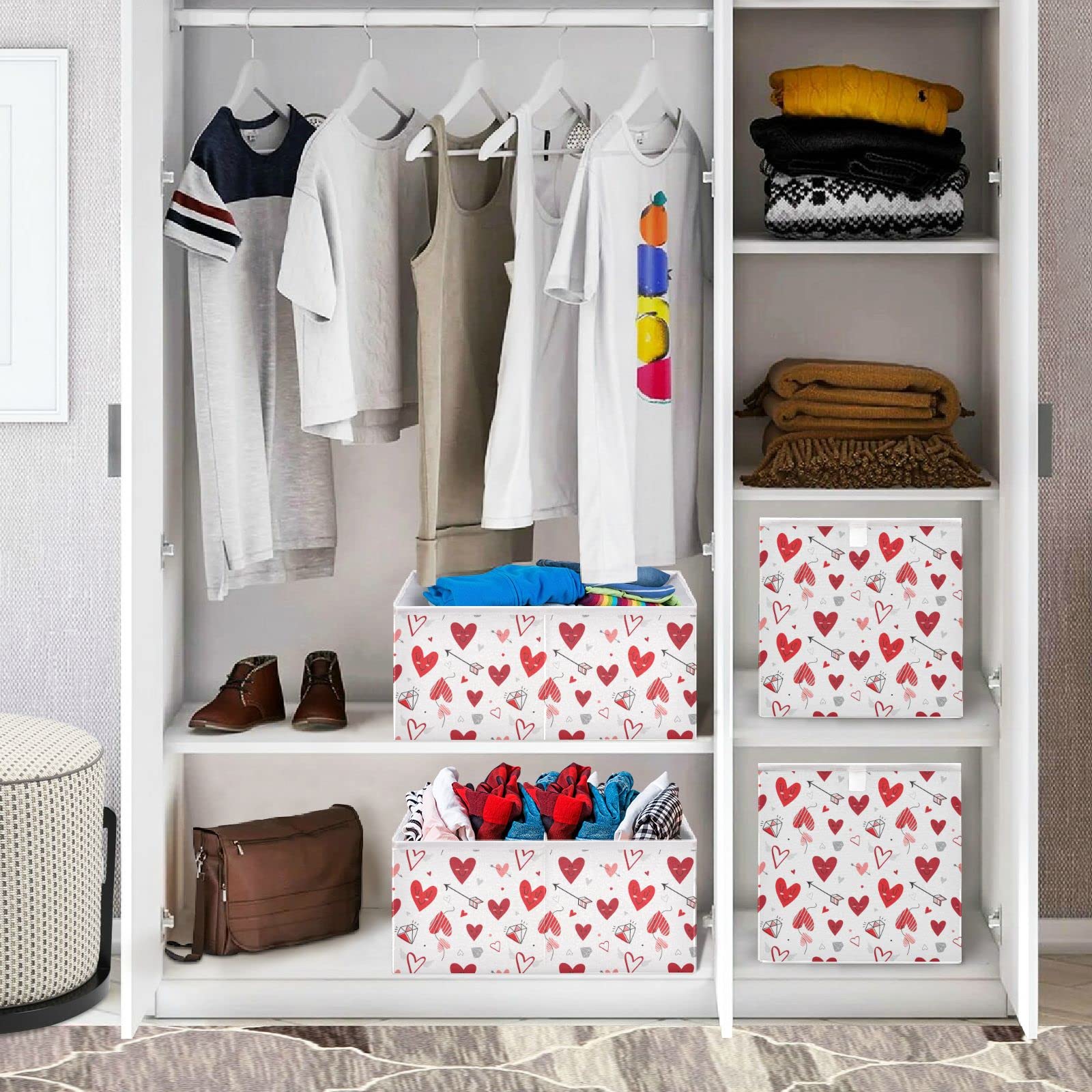 DOMIKING Valentine's Day Heart-Shaped Storage Bins - Foldable Fabric Closet Organizer with Sturdy Handle, 11 Inch - Perfect for Bedroom Shelves, Closet Organization & Home Decor