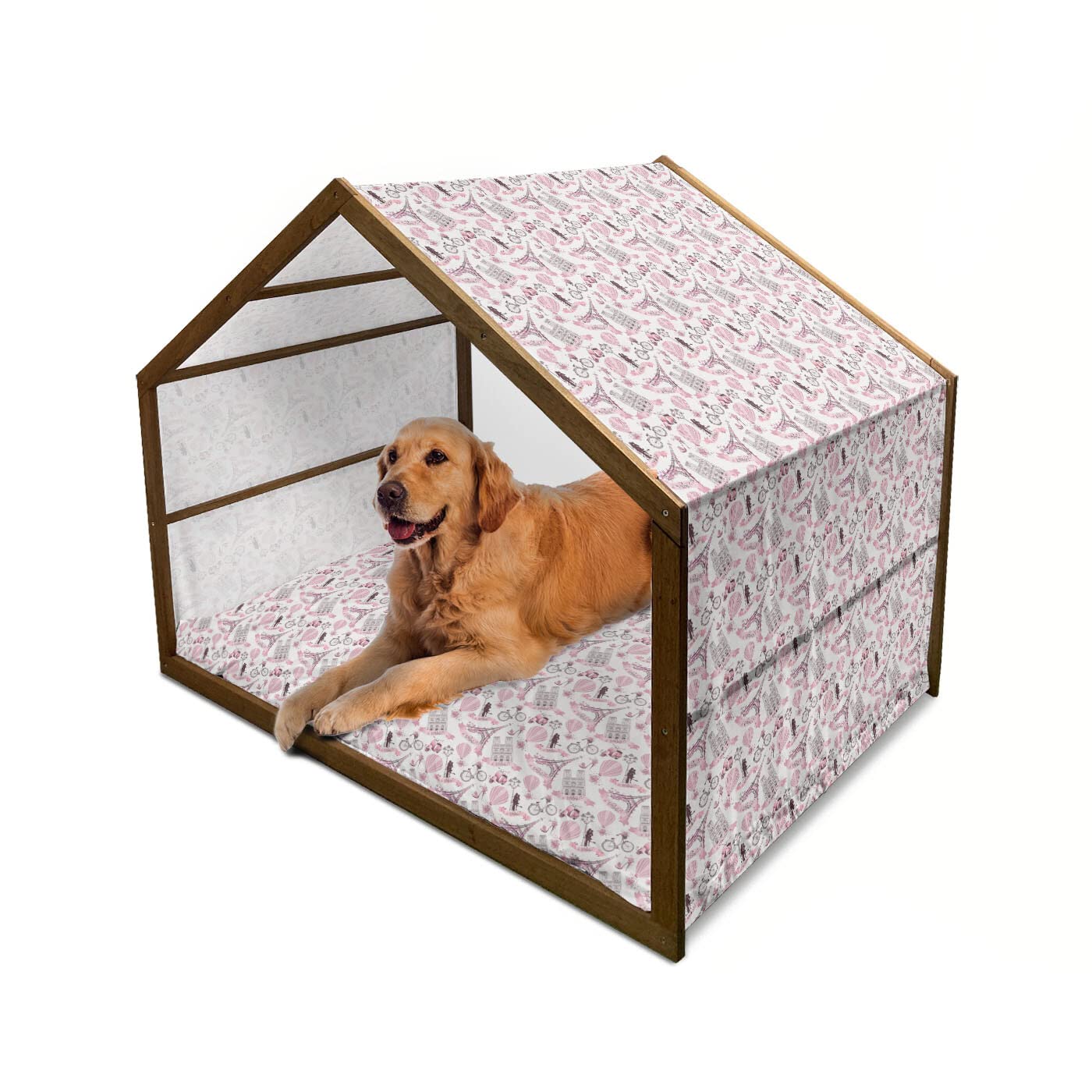 Ambesonne Paris-Themed Wooden Dog House - Eiffel Tower, Hot Air Balloon & Floral Design, Indoor/Outdoor Portable Pet Kennel with Pillow & Cover, 2X-Large Size in Pale Pink & White | Perfect for Romantic Home Decor, Honeymoon Gift & Backyard Pet Shelter