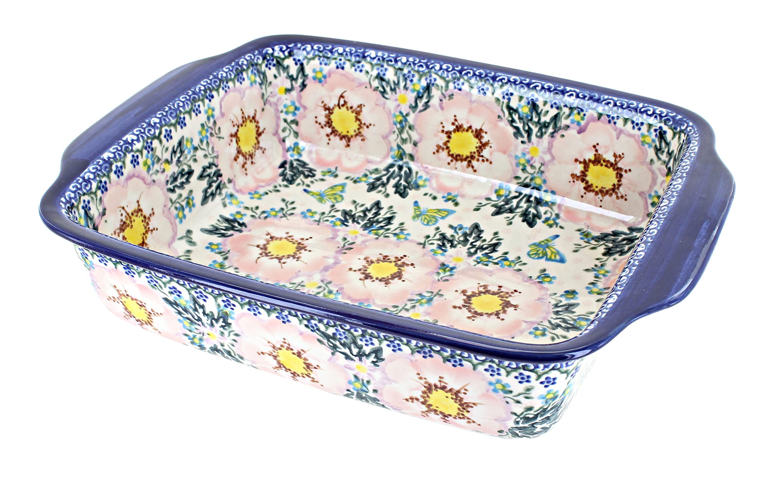 Handmade Blue Rose Polish Pottery Apple Blossom Rectangular Baker with Handles - Medium Size Stoneware Baking Dish for Casseroles, Lasagna & Serving