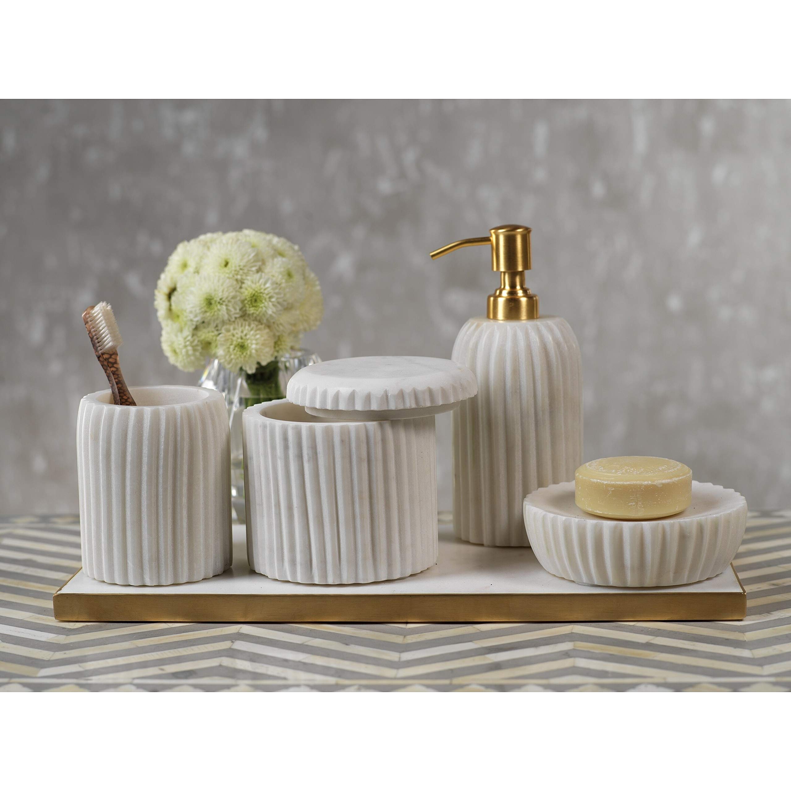 Zodax Mannara 5-Inch Marble Soap Dish - Elegant White & Gold Bathroom Organizer for Luxury Spa, Hotel, or Home Decor