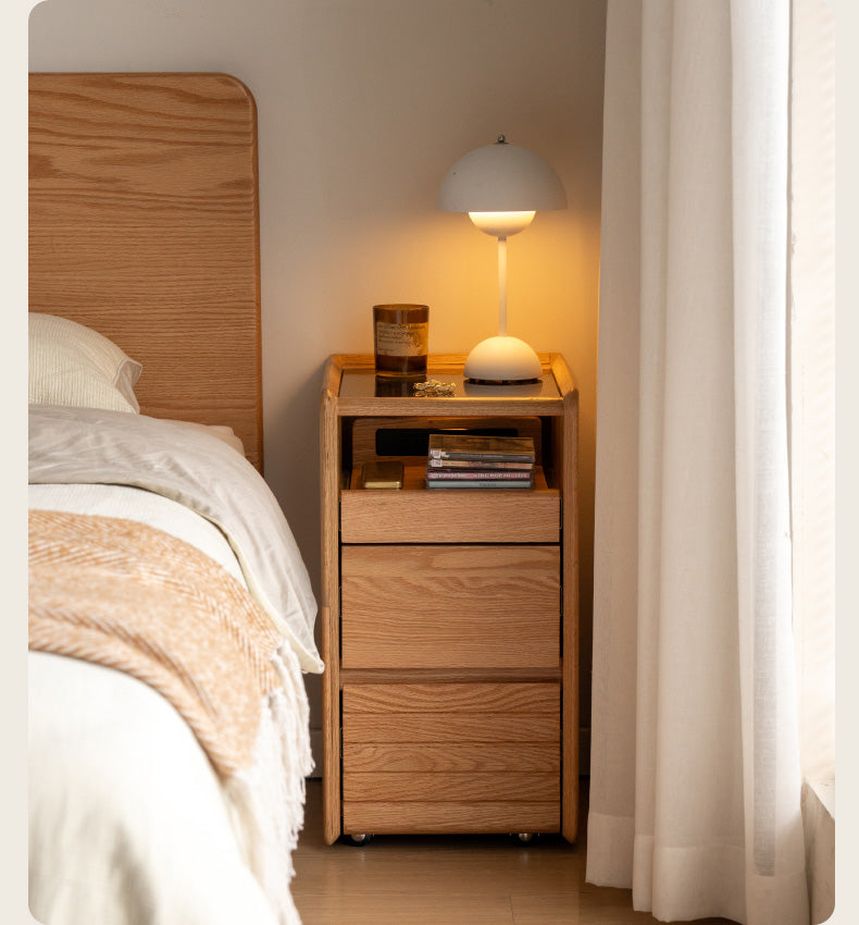 Solid Oak Wood Nightstand with Glass Top - Modern Movable Bedside Table for Bedroom, Living Room, or Office
