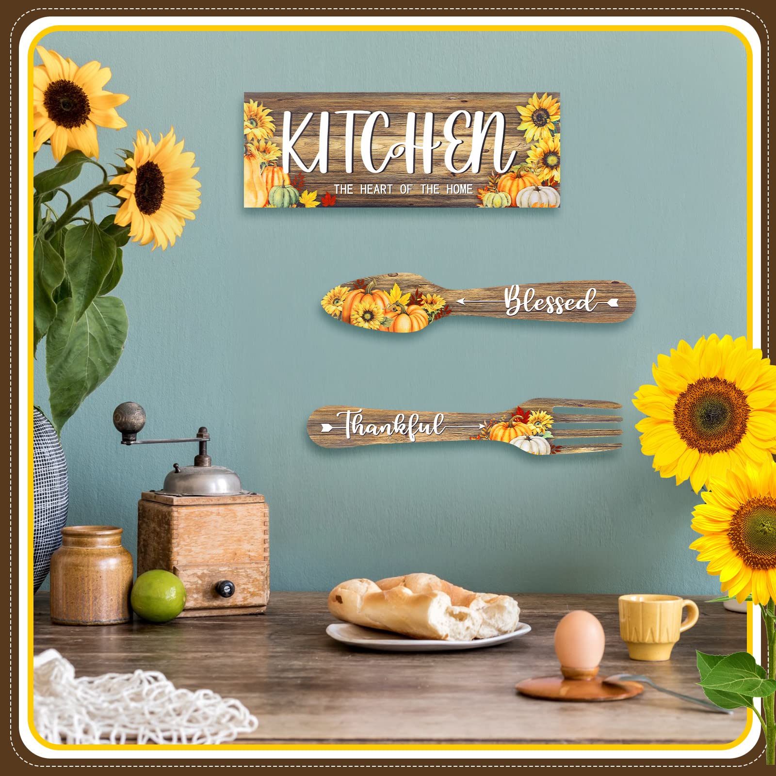 3-Piece Rustic Farmhouse Kitchen Wall Decor Set - Wooden Thankful Grateful Blessed Signs with Maple Pumpkin & Sunflower Design - Fork and Spoon Hanging Art for Home - Light Brown Farmhouse Decor (Perfect for Thanksgiving, Fall Season & Farmhouse Style Kitchens)