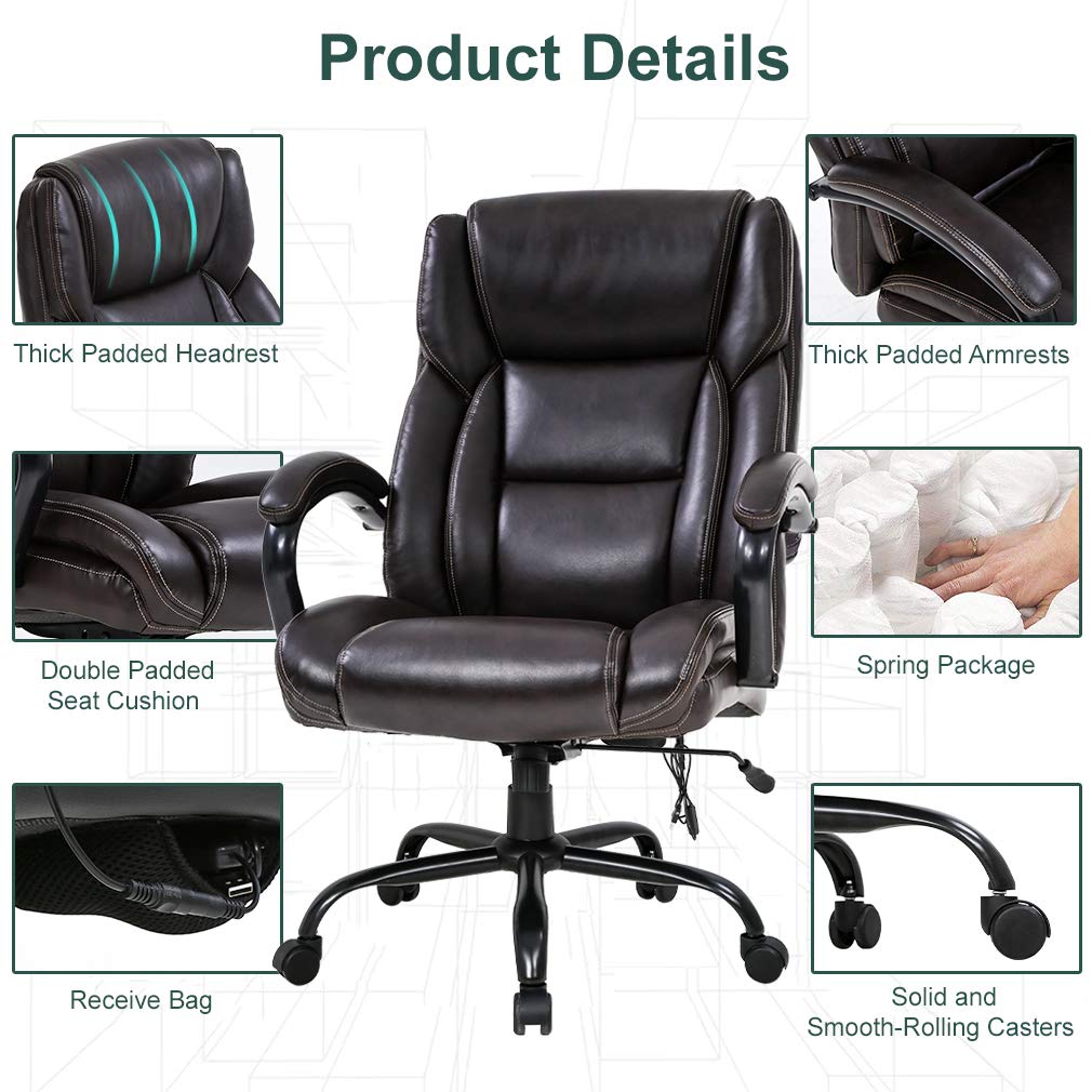 Big and Tall Office Chair 500lb Capacity - Extra Wide Seat Ergonomic Computer Chair with Massage, Adjustable Headrest & Lumbar Support - Heavy Duty PU Leather Executive Desk Chair for Women & Men - Perfect for Home Office, Gaming, and Long Work Sessions (Brown)