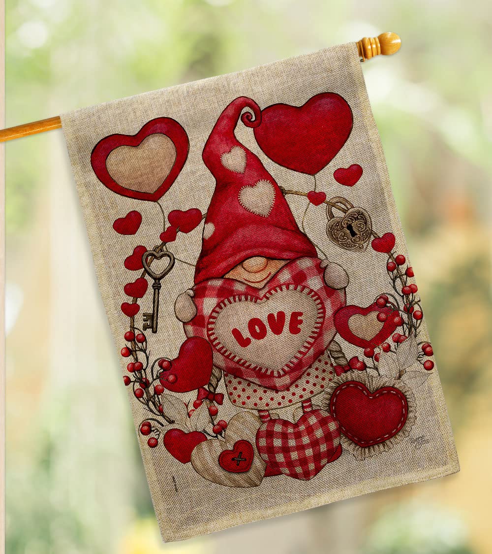 My Valentine Gnome Garden Burlap House Flag Set - Springtime Romantic Couple Decor with Happy Hearts, Double-Sided Outdoor Yard Banner for February Holiday - Made in USA | Perfect for Valentine's Day, Garden Decor, and Front Porch Displays