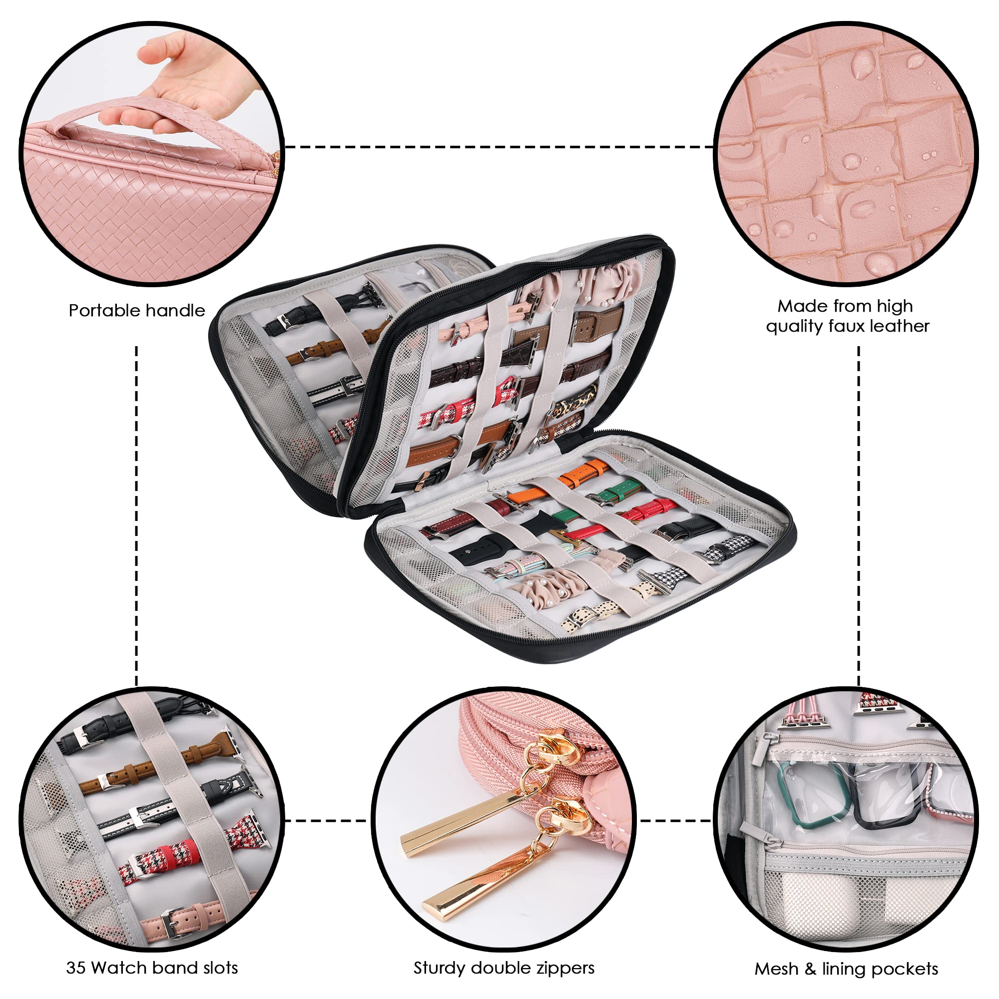 Premium Leather Watch Strap Storage Case - Holds 35 Watch Bands, Organizer for Apple Watch Straps & Smartwatch Accessories | Perfect for Travel, Home Storage & Watch Collection Display