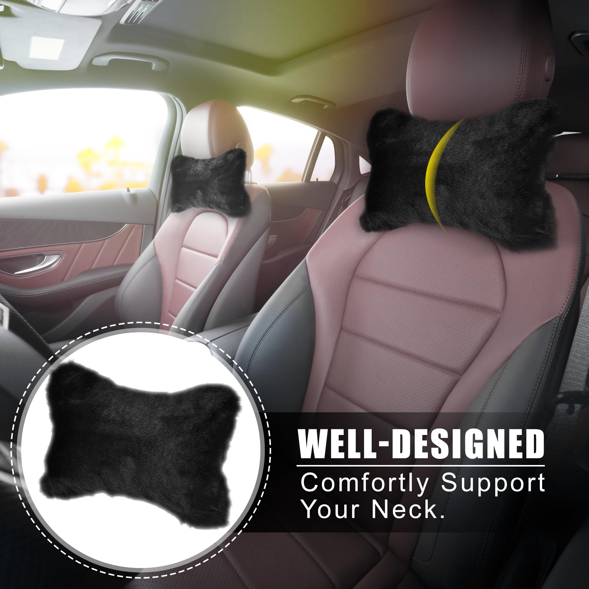 X AUTOHAUX 1 Pair Soft Fluffy Furry Car Seat Neck Pillows - Warm Headrest Support for Comfortable Driving | Perfect for Long Road Trips, Commuting & Relaxation (Black)