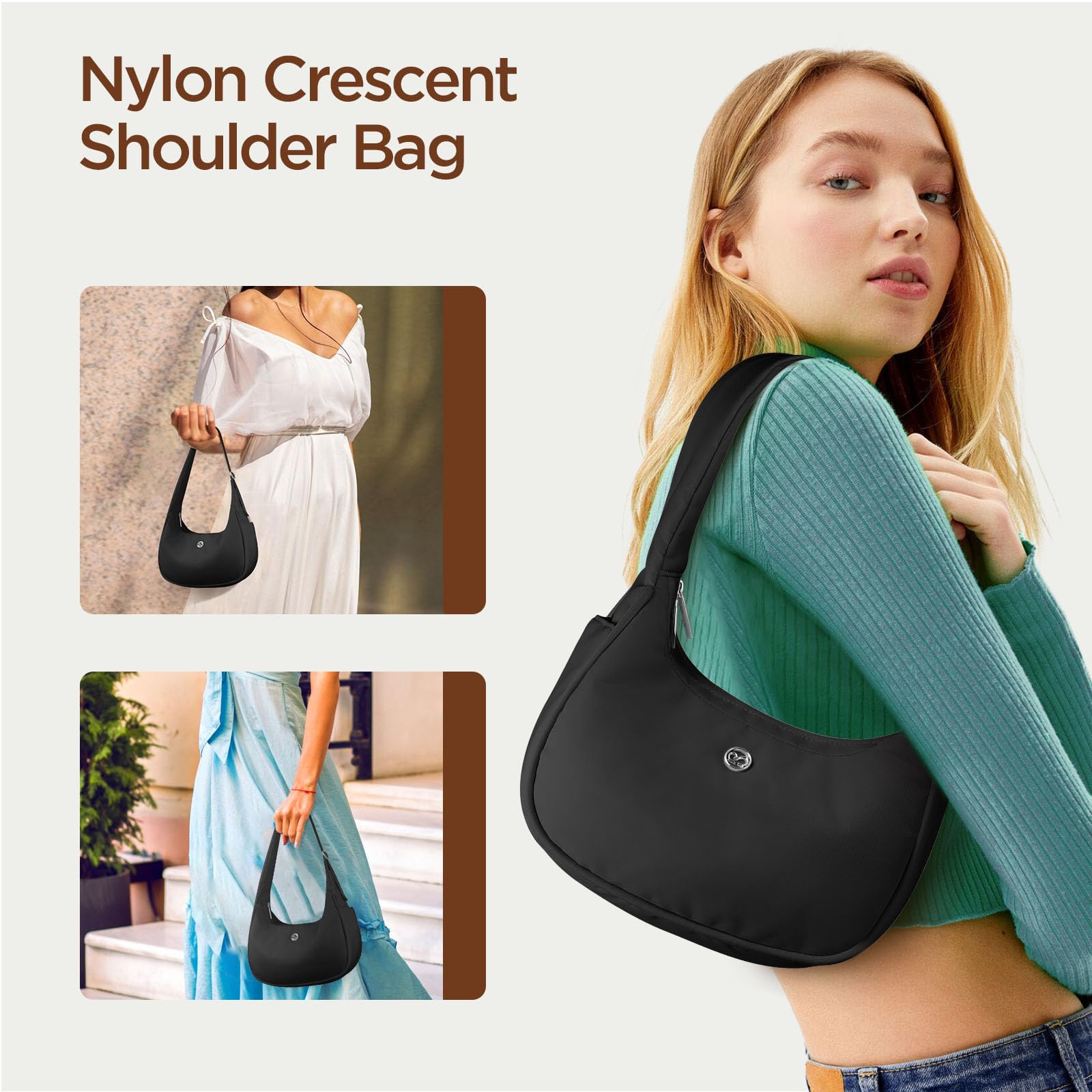 Babysun Mini Shoulder Bag for Women - 4L Nylon Crescent Crossbody Purse, Small Underarm Tote Handbag - Perfect for Travel, Shopping & Everyday Use