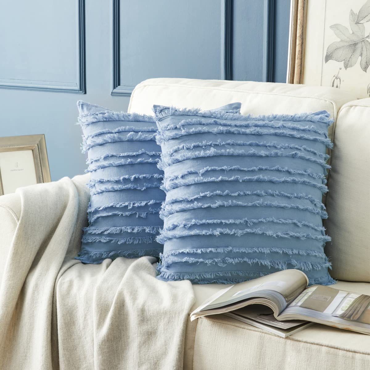 GIGIZAZA Decorative Throw Pillow Covers 26x26 Inch - Sky Blue Square Couch Pillow Covers, Cotton Sofa Boho Cushion Pillows for Living Room, Bedroom & Outdoor Decor