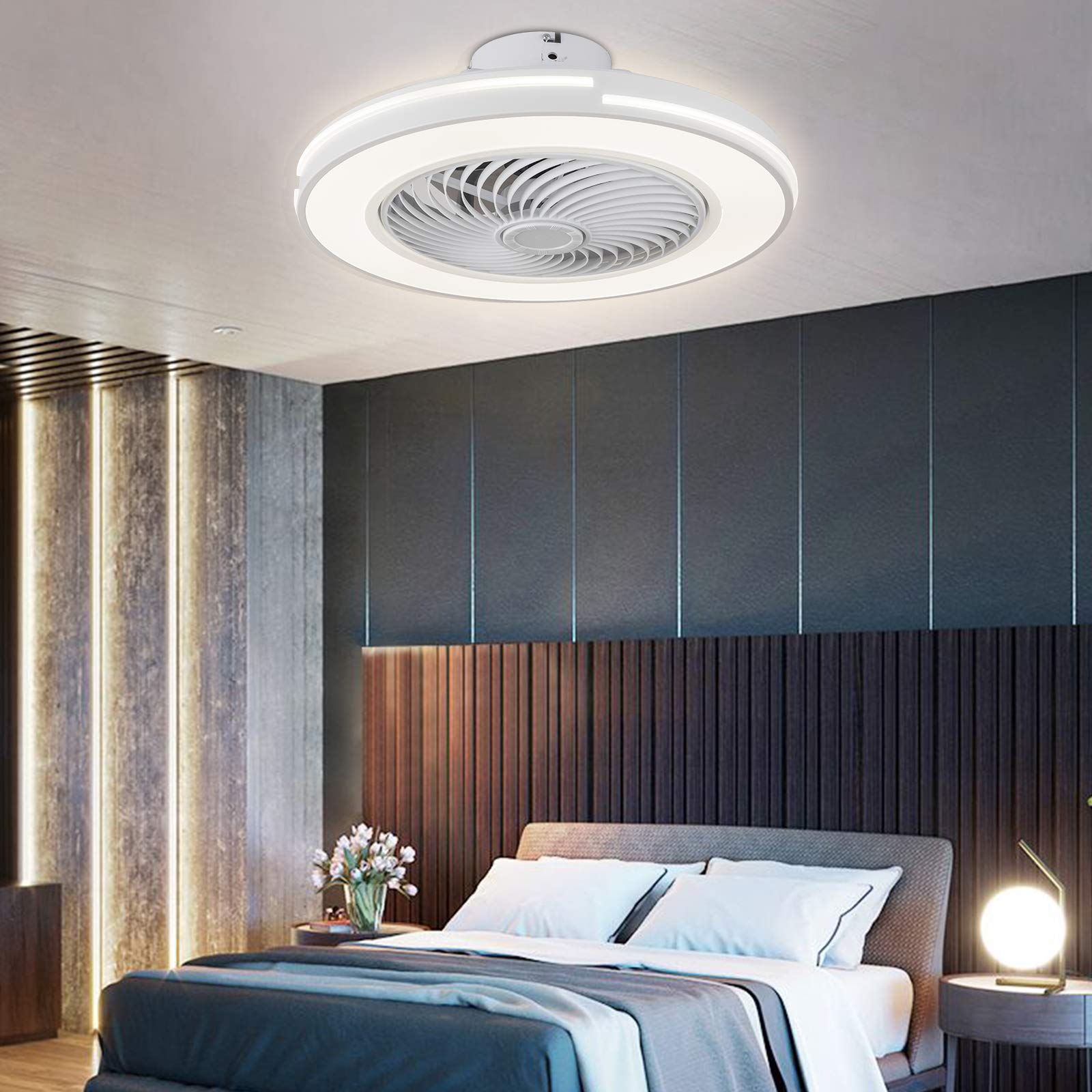 Modern LED Flush Mount Ceiling Fan with Light - Remote Control, Dimmable, Hidden Blades, Low Profile - Adjustable Speed - White (US Stock) - Perfect for Bedroom, Living Room, and Office Lighting