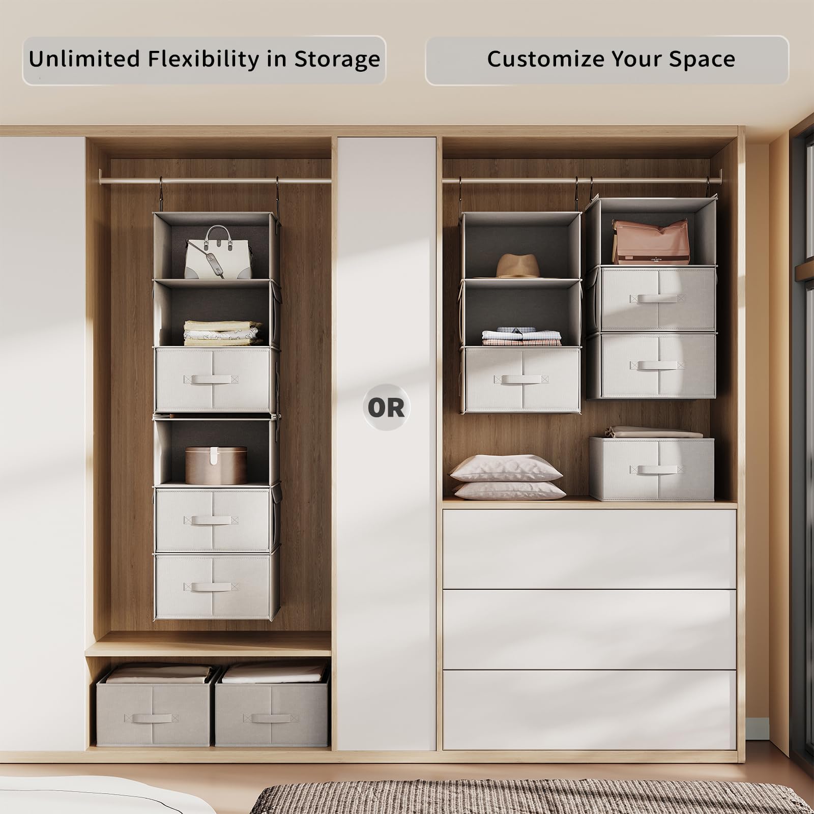 Vailando 6-Shelf Hanging Closet Organizer - 2 Separable 3-Tier Hanging Shelves with 3 Drawers for Wardrobe, Nursery & Baby Clothes Storage | Space-Saving Closet Solution for Bedroom, Kids Room & Small Spaces