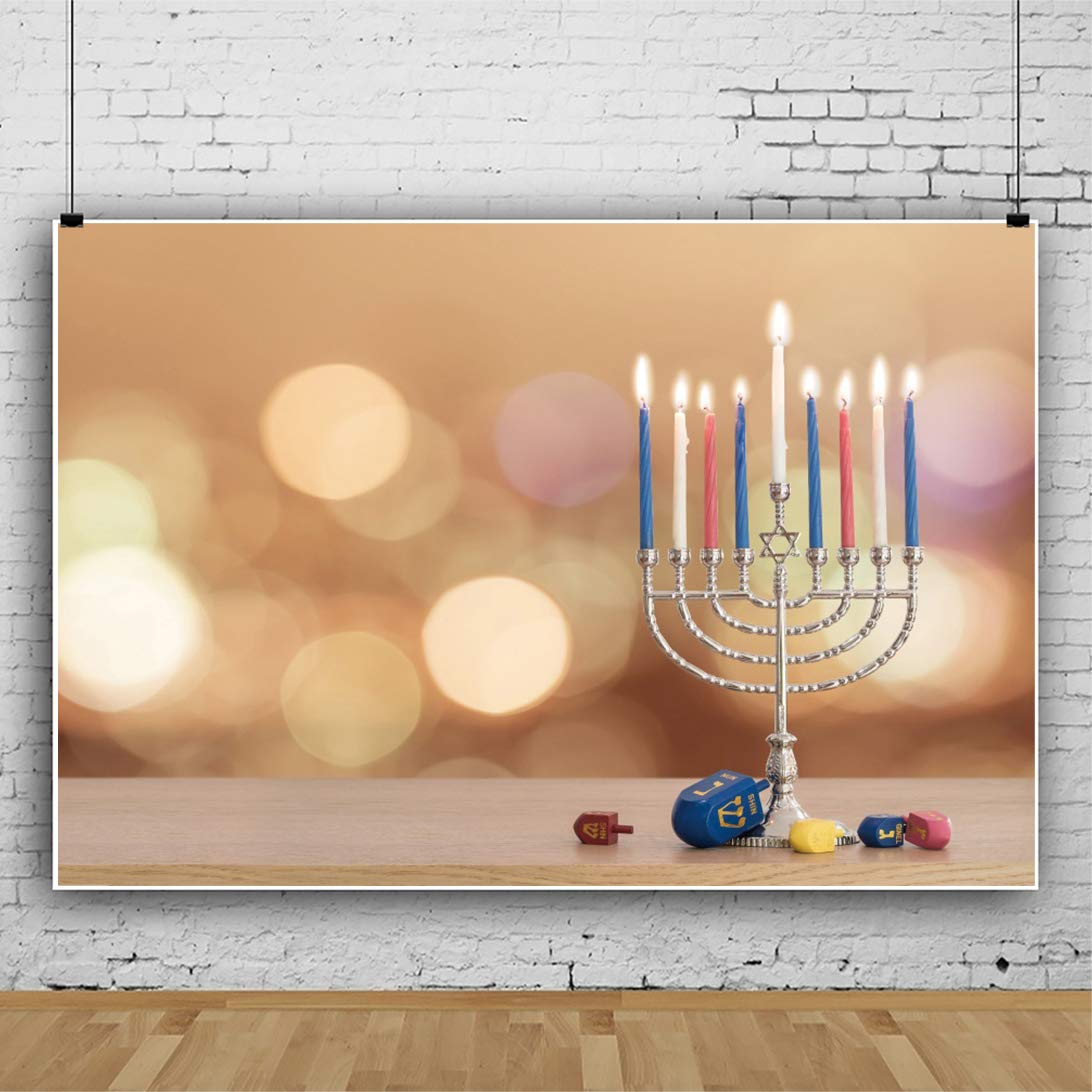 CSFOTO 10x7ft Happy Hanukkah Backdrop - Jewish Chanukah Photography Background with Burning Candles, Menorah & Wooden Dreidels - Traditional Festival Celebration Photo Props for Holiday Parties, Family Gatherings & Social Media Content
