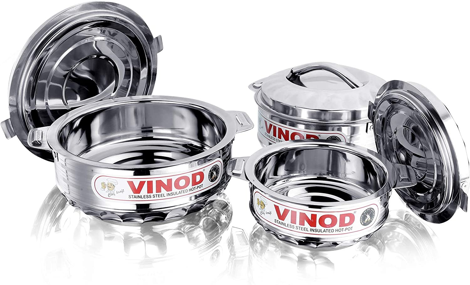 Vinod Stainless Steel Insulated Casserole - 3pc Double Wall Hot & Cold Food Pot Set for Soup, Stew, and Meal Prep | Perfect for Camping, Picnics & Parties