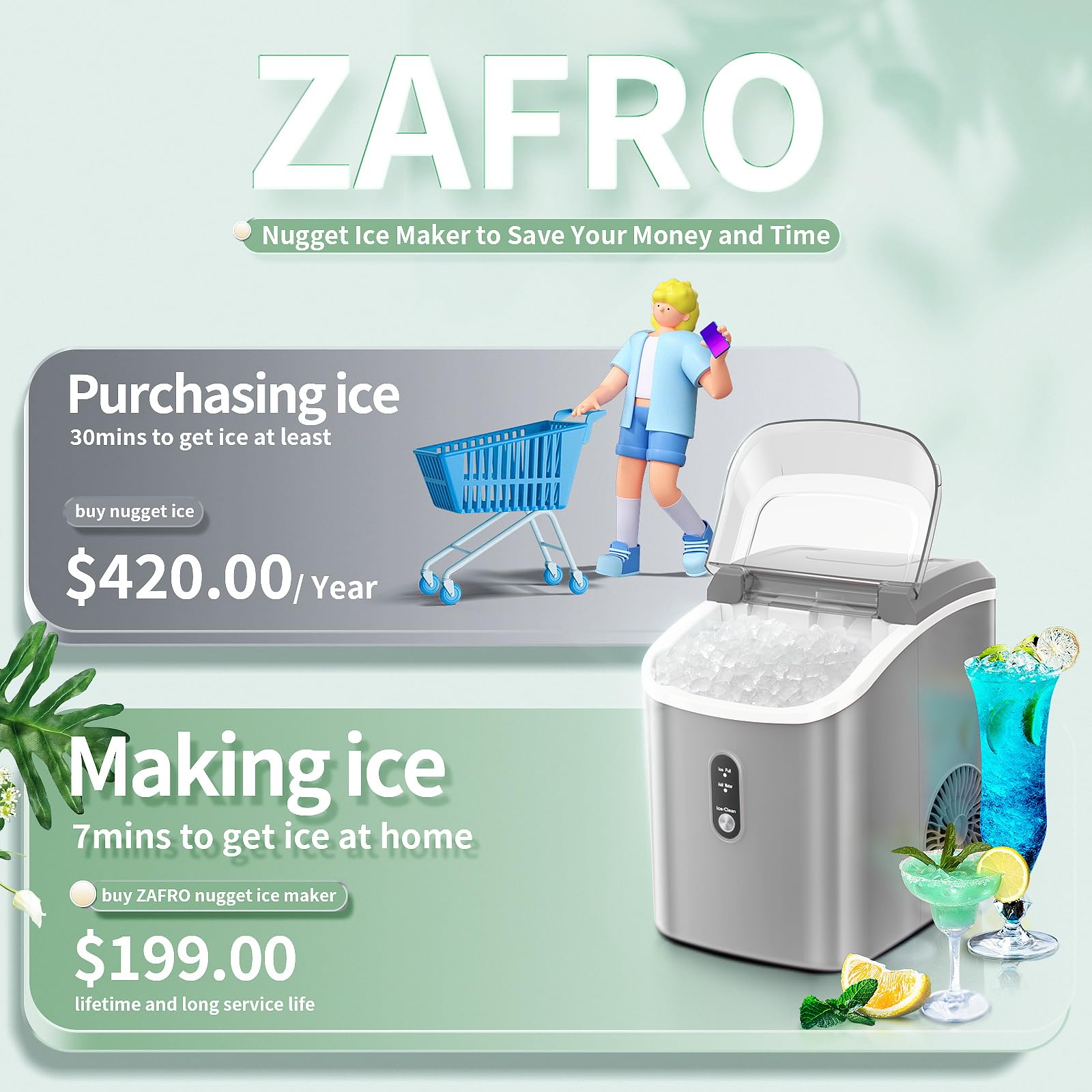ZAFRO Countertop Nugget Ice Maker - 35Lbs/24H Self-Cleaning Pebble Ice Machine with Ice Basket, Scoop & Storage Bag | Perfect for Home, Office, Bar, Parties & Outdoor Gatherings | Grey
