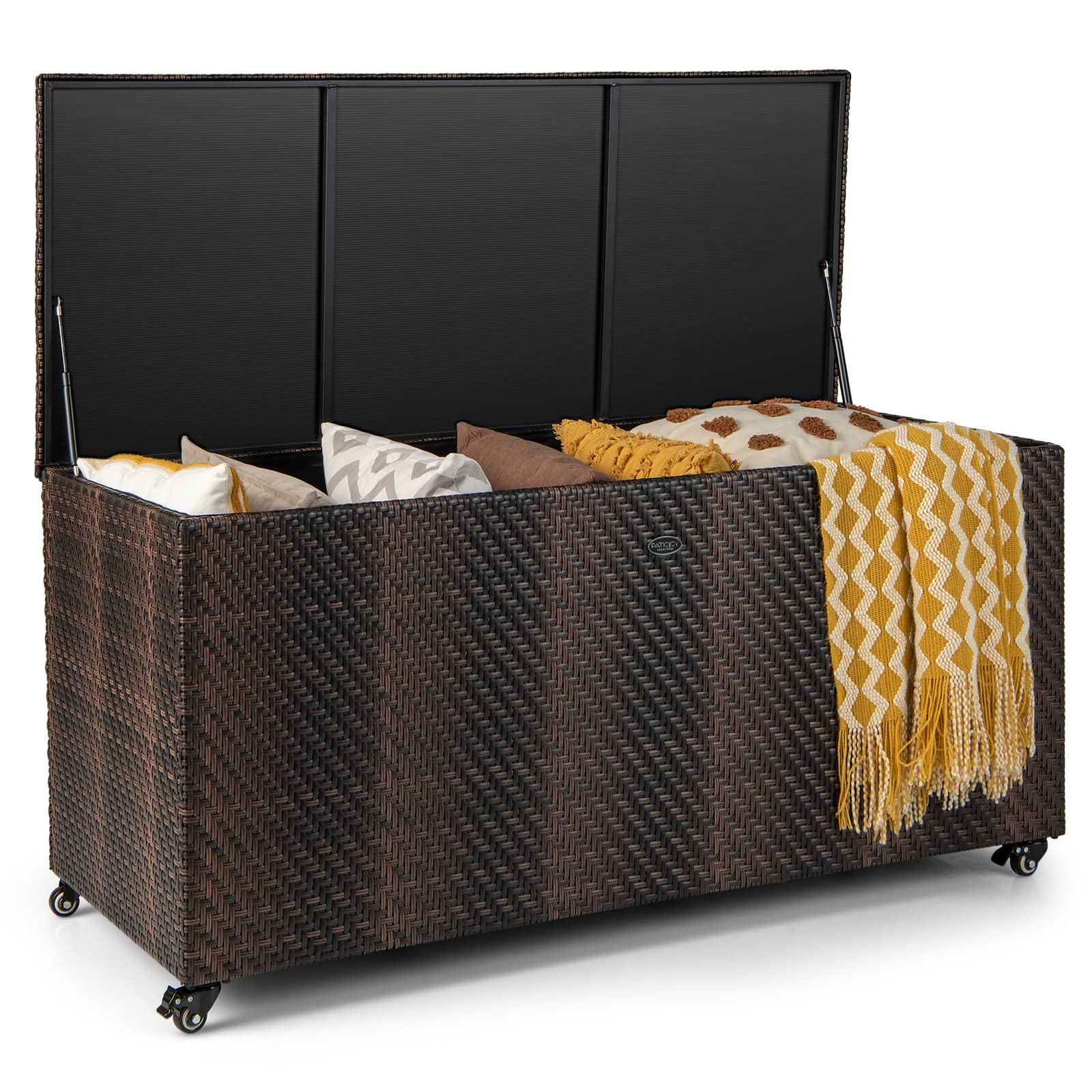**96 Gallon Outdoor Rattan Deck Box with Wheels - PE Wicker Patio Storage Box with Liner, 2-in-1 Multifunctional Storage for Patio Furniture Cushions, Garden Tools & Pool Accessories - Perfect for Backyard, Deck, and Poolside Organization**